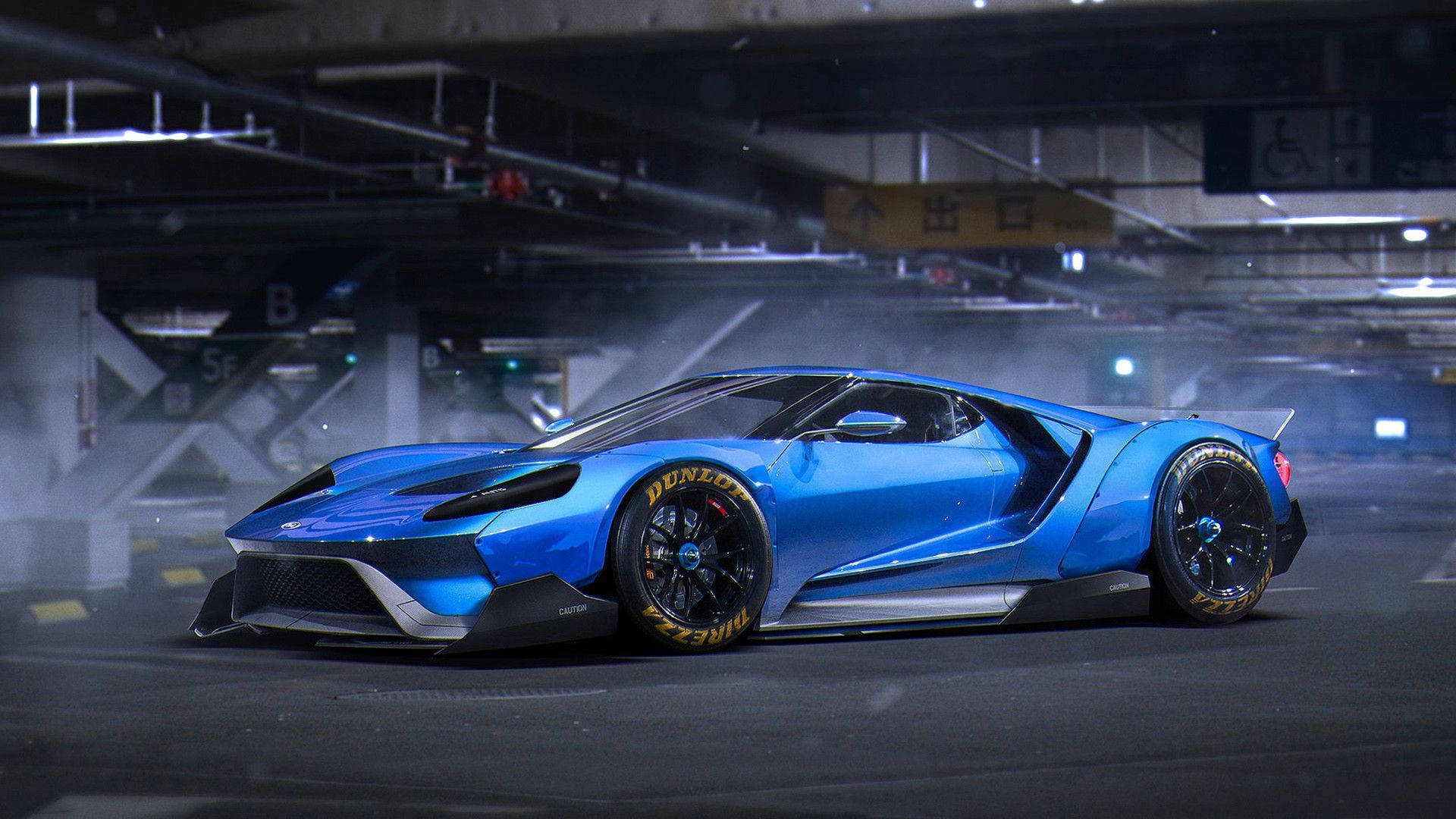 blue Ford GT, underground parking garage, dramatic lighting, Full HD Desktop Wallpaper