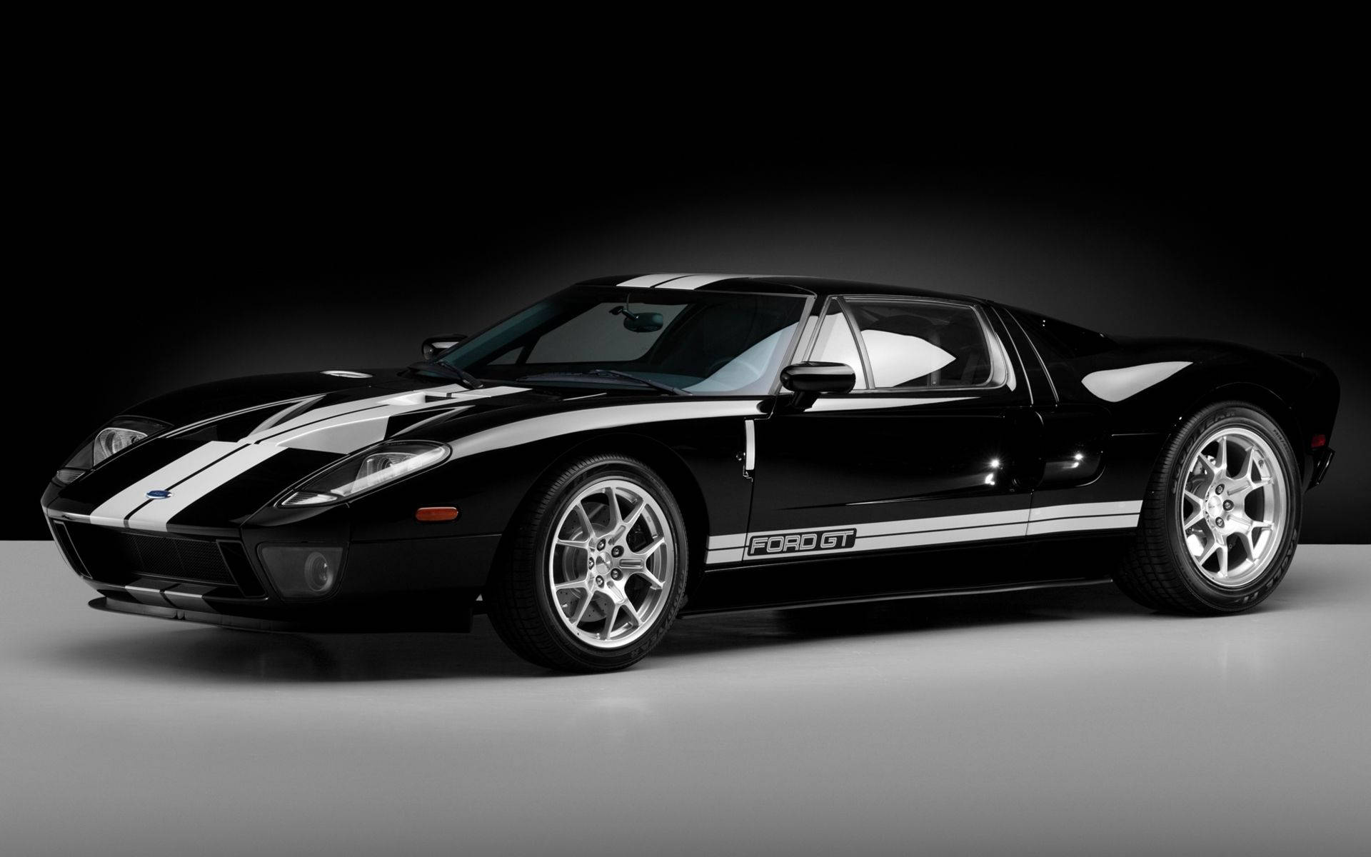 2005 Ford GT, shiny black, white racing stripes, Full HD Desktop Wallpaper