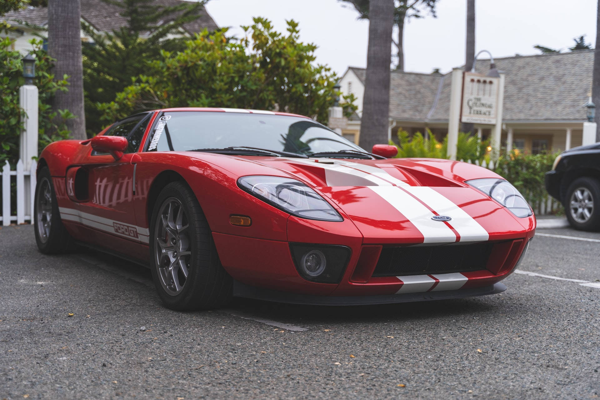 Ford GT, scarlet colored, white racing stripes, Full HD Desktop Wallpaper