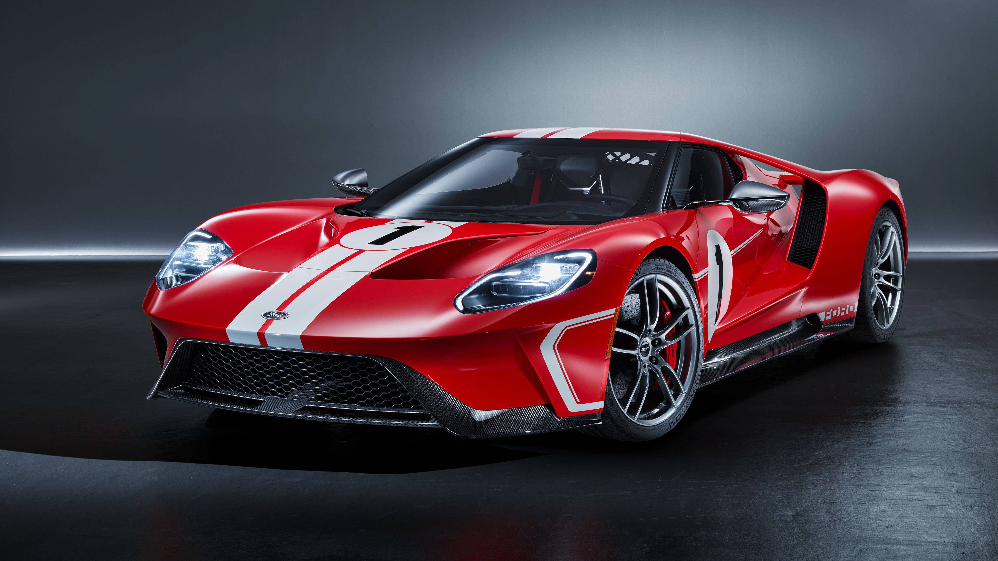 red 2005 Ford GT, Ford GT, white racing stripes, 4K Desktop Wallpaper