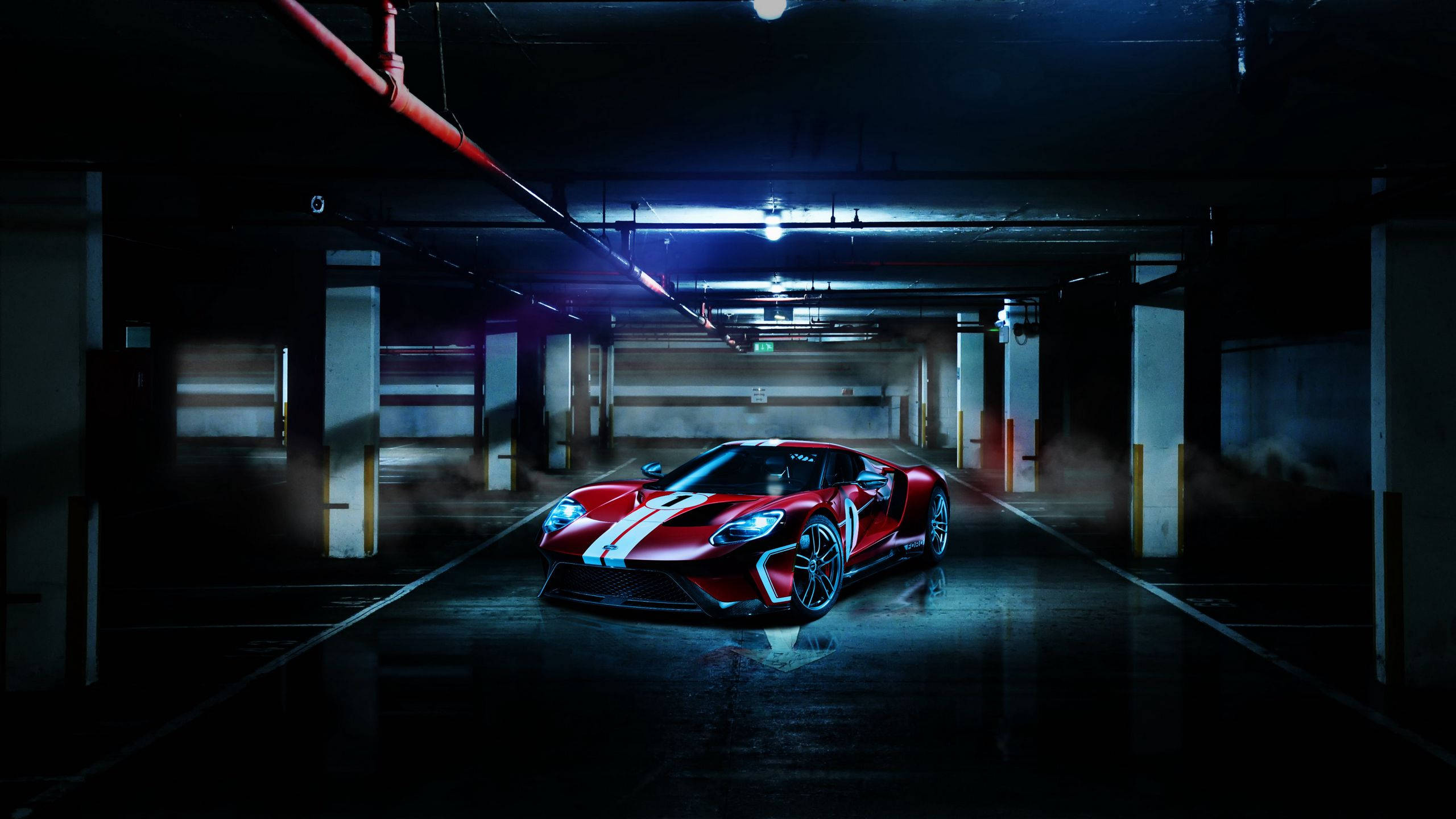 Ford GT, red, white stripes, 2K Desktop Wallpaper