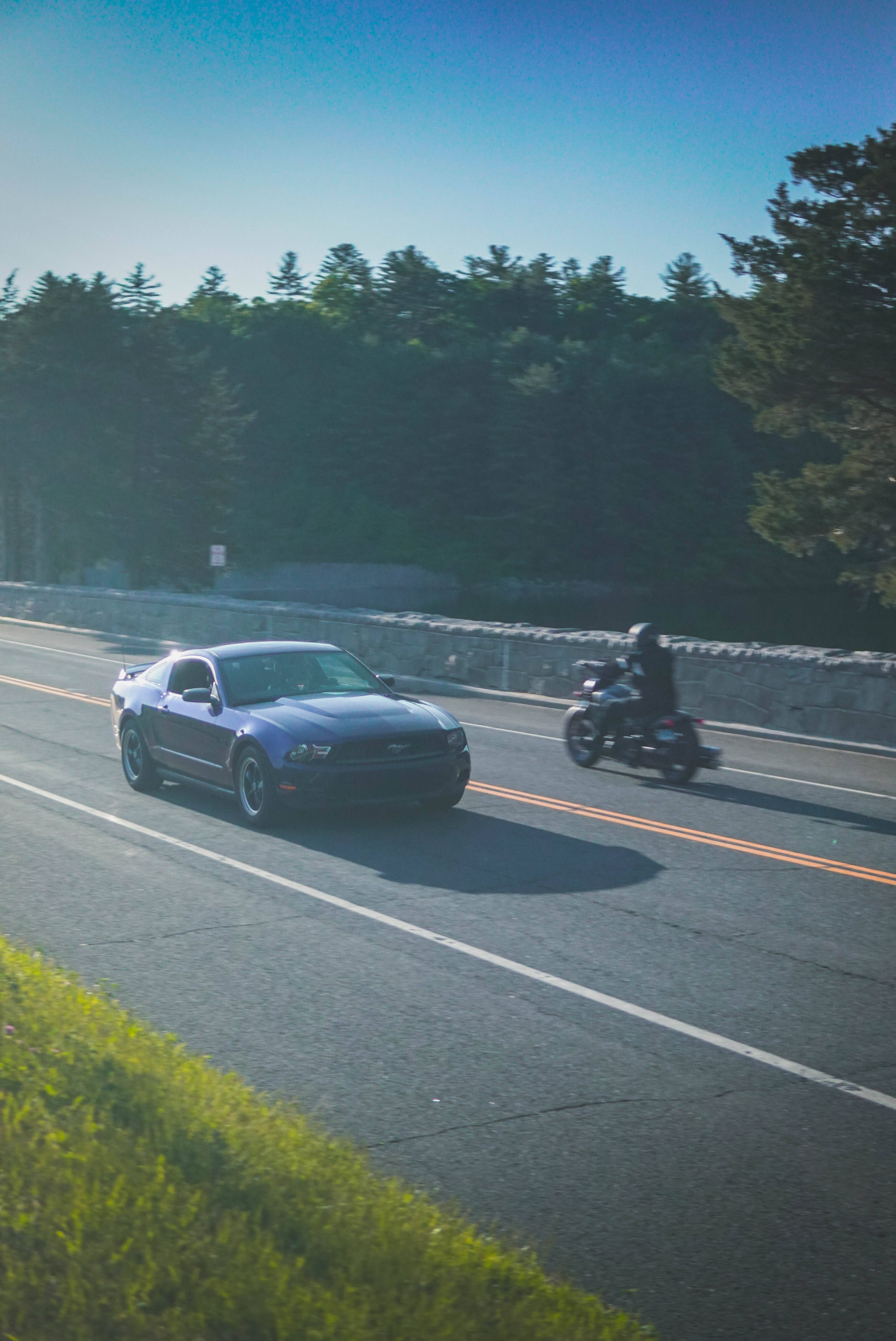 Ford iPhone, highway, blue sports car, 5K Phone Wallpaper