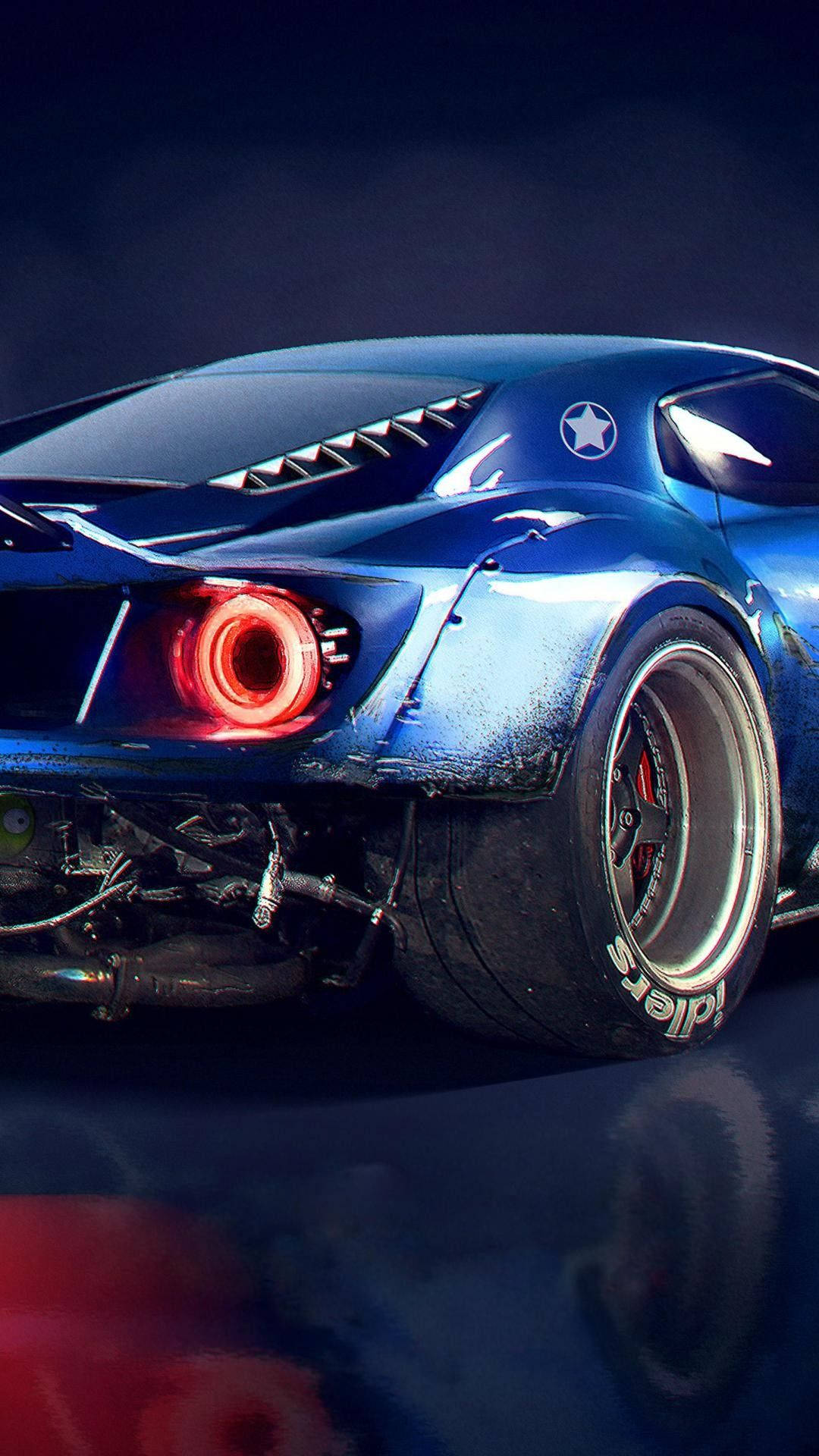 Ford iPhone, blue race car, glowing red circular taillights, Full HD Phone Wallpaper