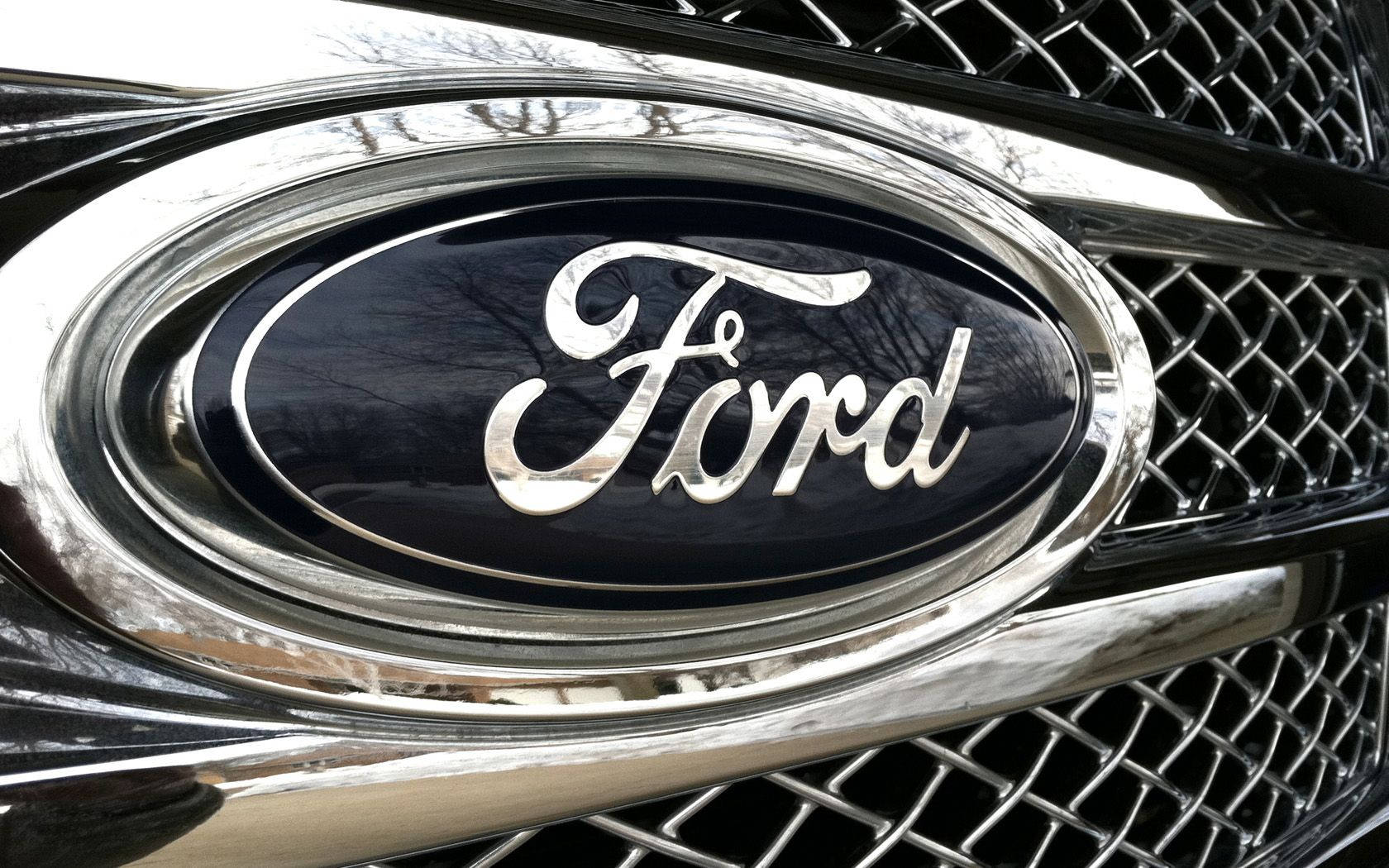 Ford Logo, chrome, black mesh grille, HD Desktop Wallpaper