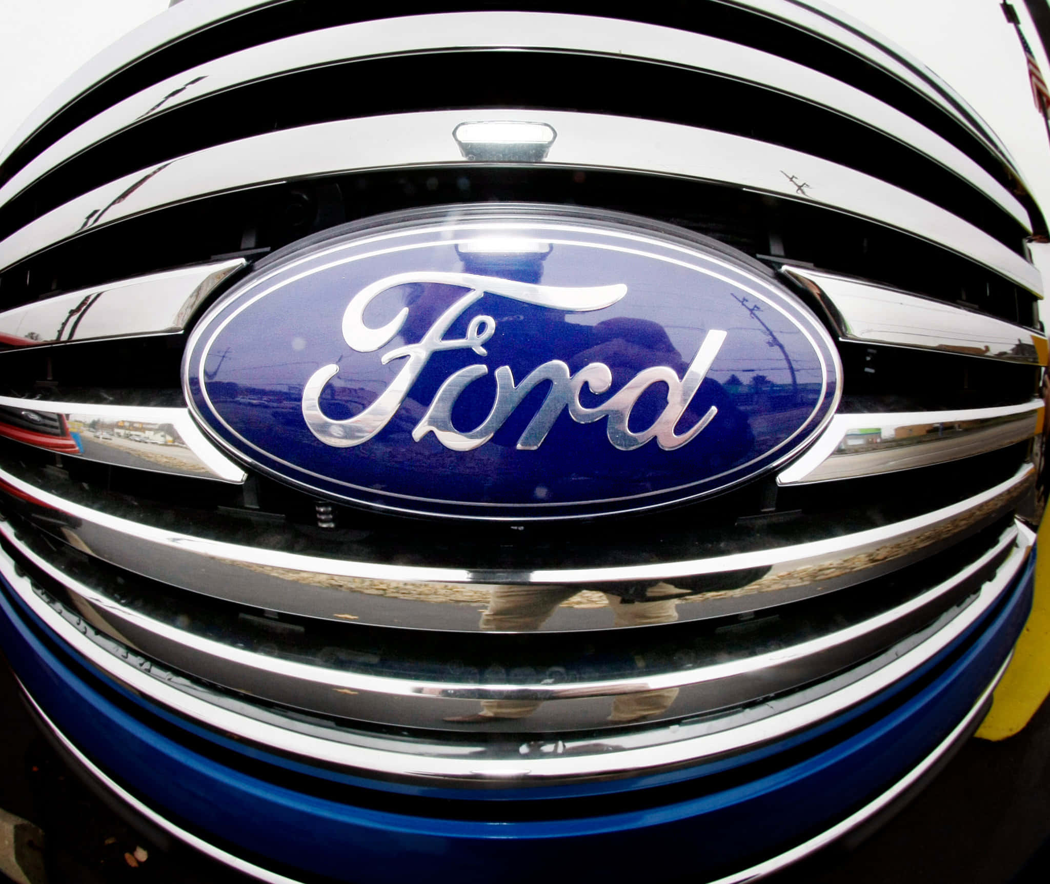 Ford Logo, blue car, chrome grille, Full HD Desktop Wallpaper