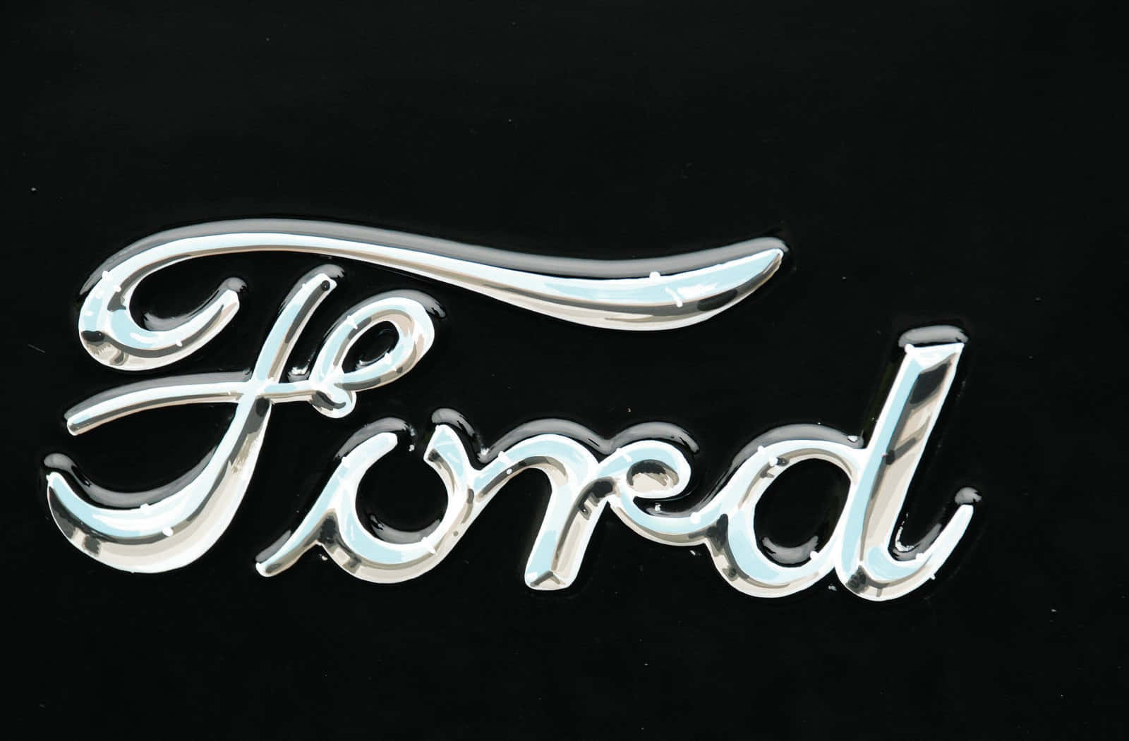 Ford Logo, chrome, black background, HD Desktop Wallpaper