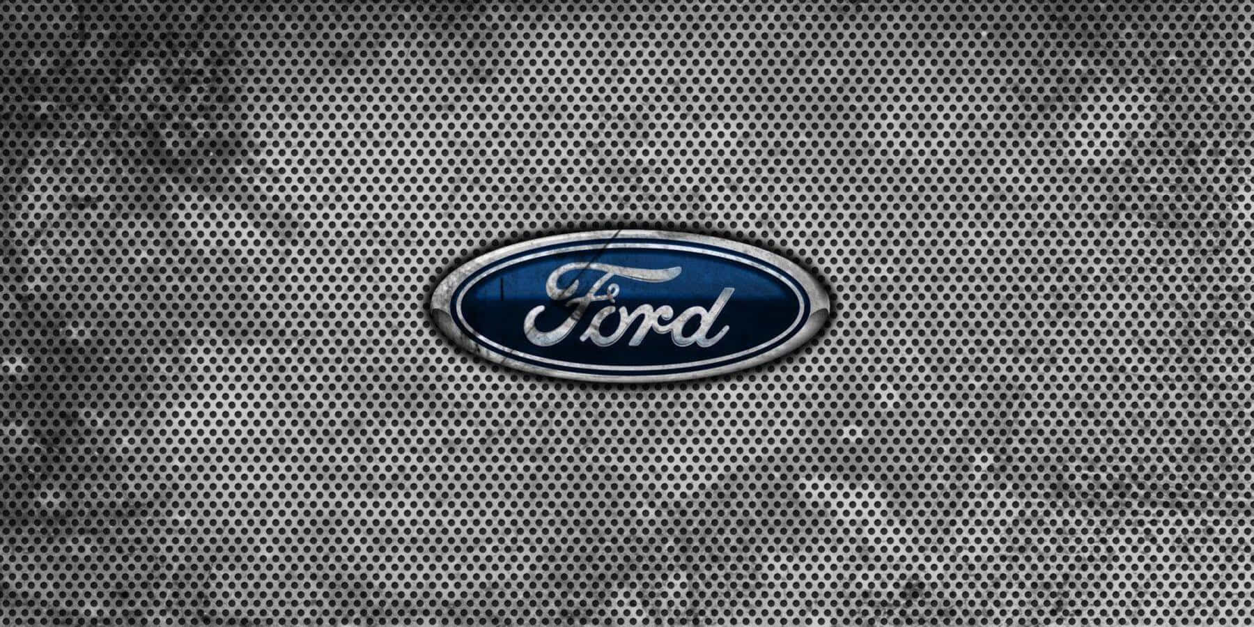 Ford Logo, blue background, textured perforated metal surface, HD Desktop Wallpaper