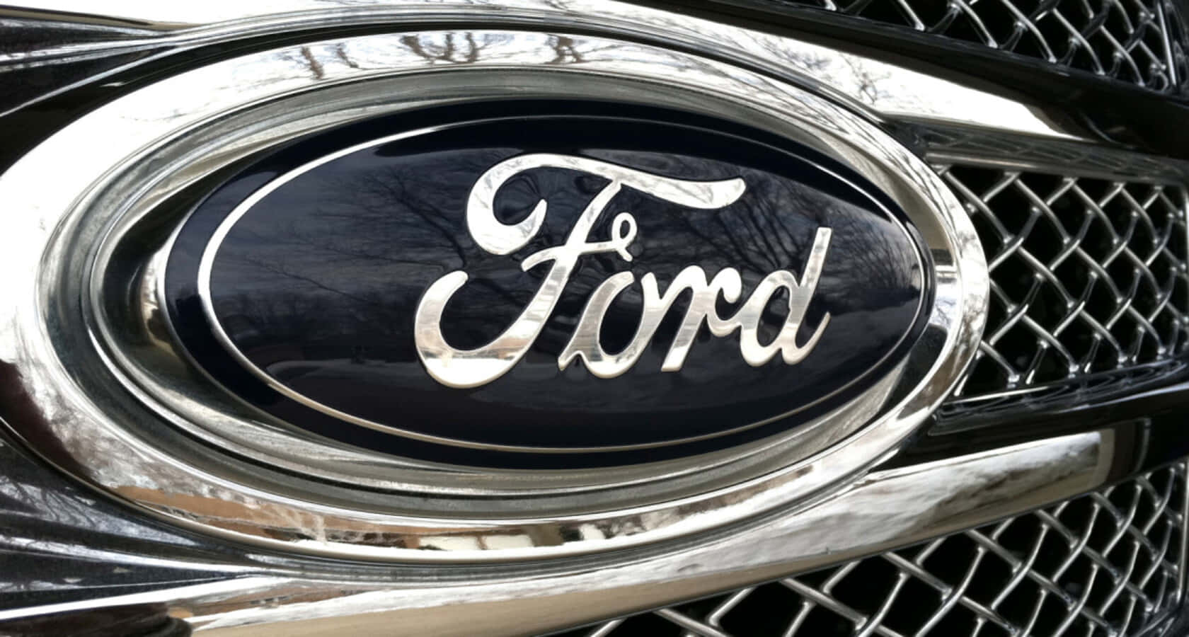 Ford logo, chrome, black mesh grille, HD Desktop Wallpaper