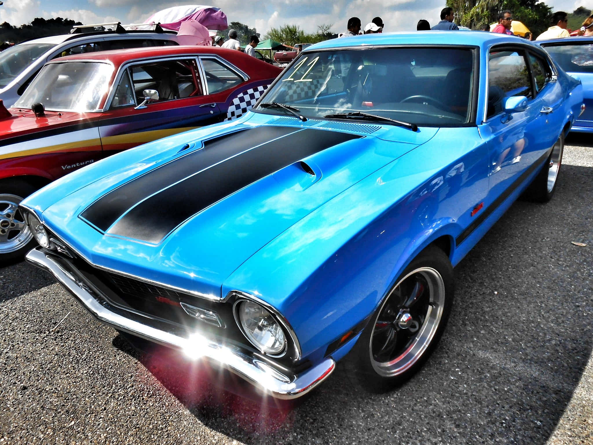 Ford Maverick, vibrant blue, black racing stripes, Full HD Desktop Wallpaper