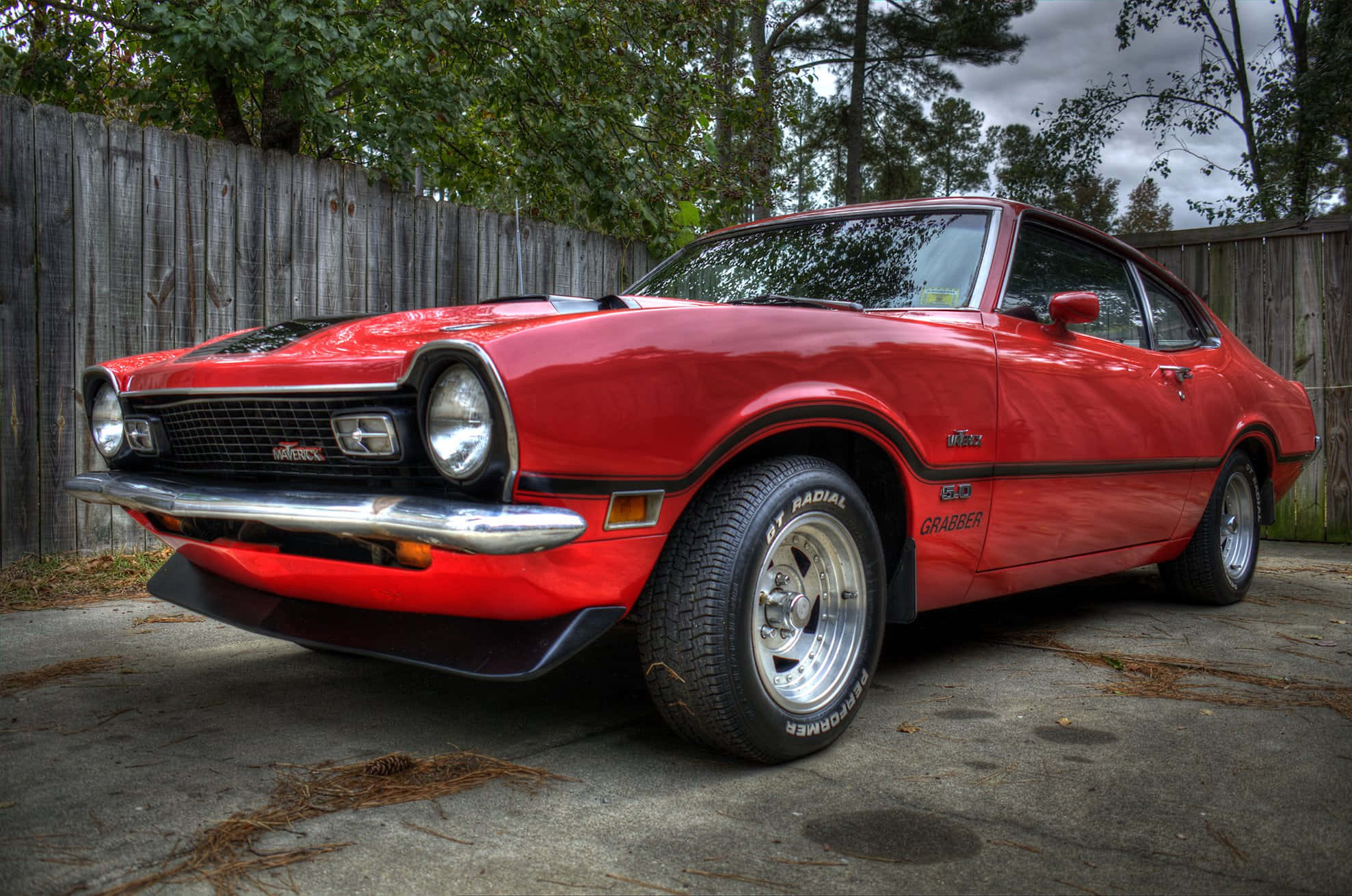 1977 Ford Maverick, vibrant red, chrome accents, Full HD Desktop Wallpaper
