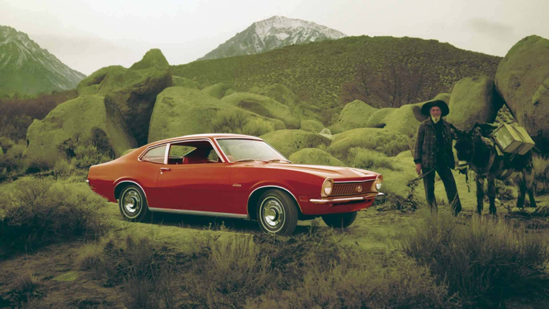 Ford Maverick, vintage red coupe, mossy mountainous terrain, Full HD Desktop Wallpaper