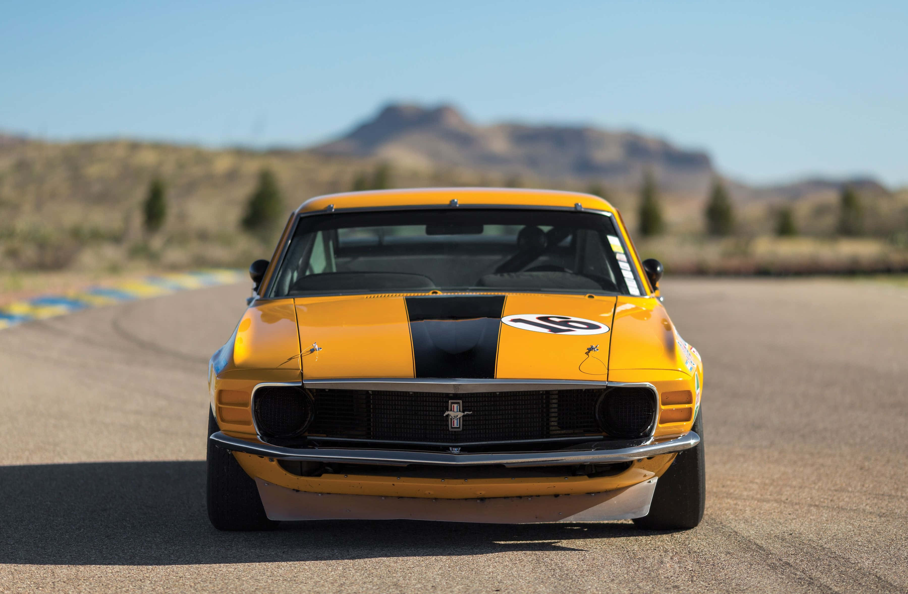 Ford Mustang Boss 302, vibrant yellow, black racing stripes, 2K Desktop Wallpaper