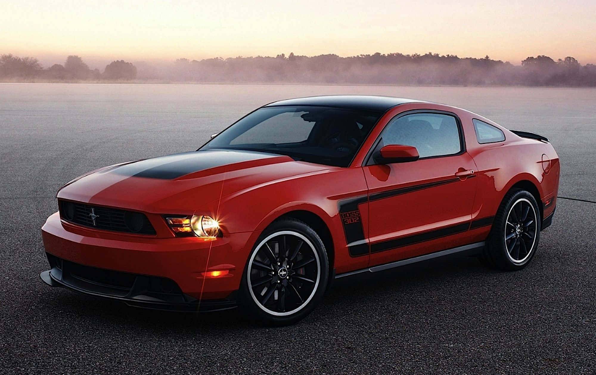 Ford Mustang Boss 302, vibrant red, black accents, Full HD Desktop Wallpaper