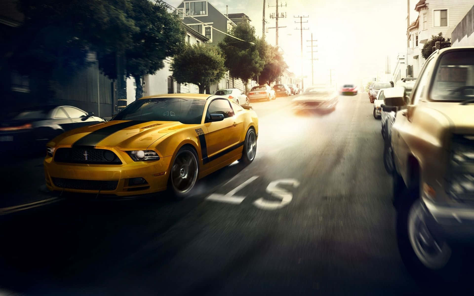 Ford Mustang Boss 302, vibrant yellow, sun-drenched city street, Full HD Desktop Wallpaper