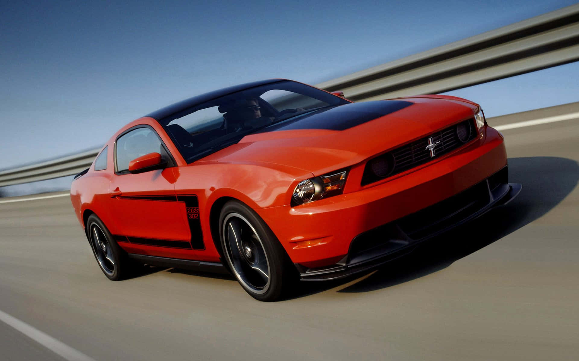 Ford Mustang Boss 302, vibrant orange, highway, Full HD Desktop Wallpaper
