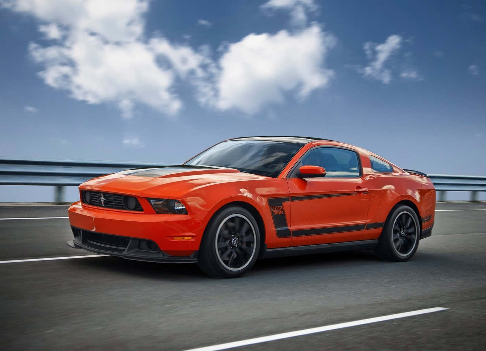 Ford Mustang Boss 302, highway, bright blue sky, HD Desktop Wallpaper