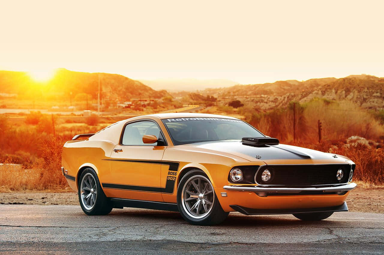 1969 Ford Mustang Boss 302, golden, sunset, HD Desktop Wallpaper