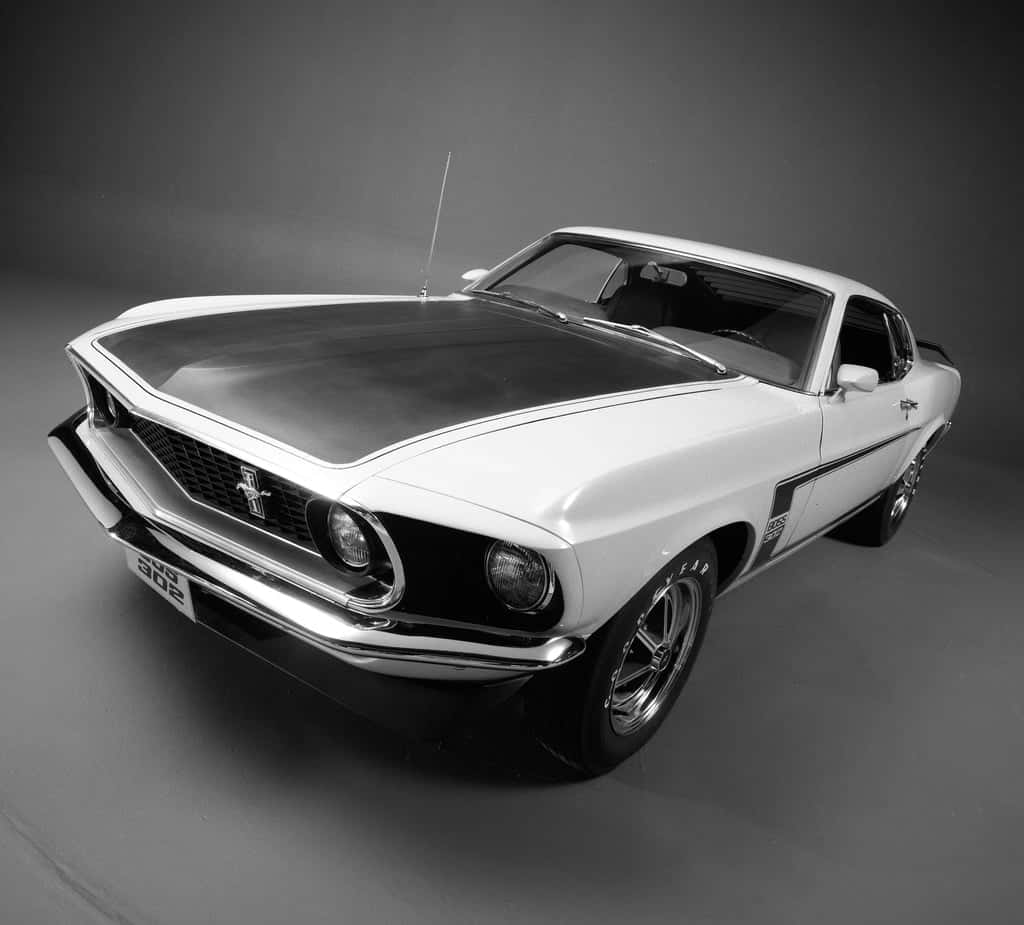 Ford Mustang Boss 302, black and white, studio, SD Desktop Wallpaper