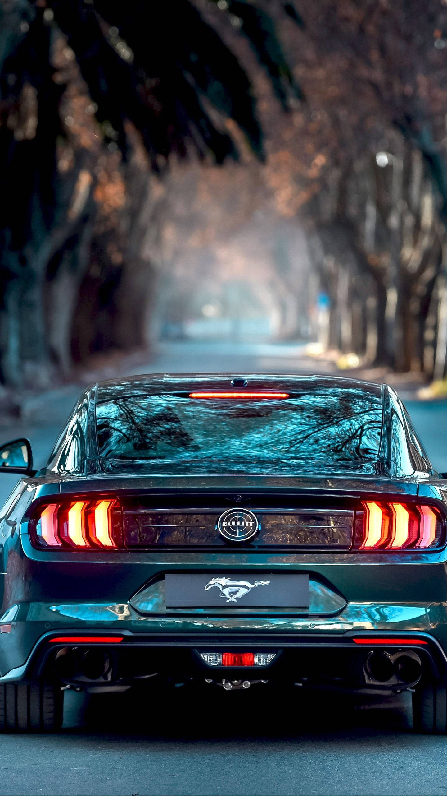 Ford Mustang Bullitt, dark green, misty tree-lined road, 2K Phone Wallpaper