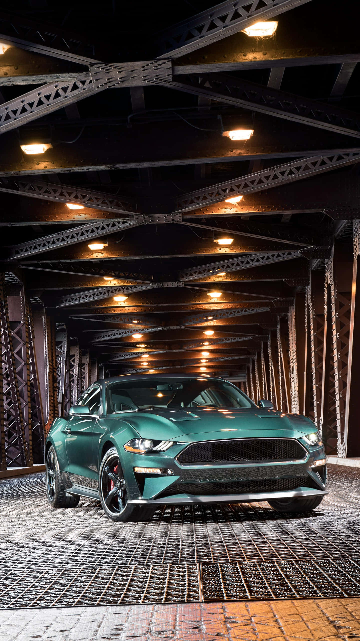 Ford Mustang Bullitt, green, steel bridge, 2K Phone Wallpaper