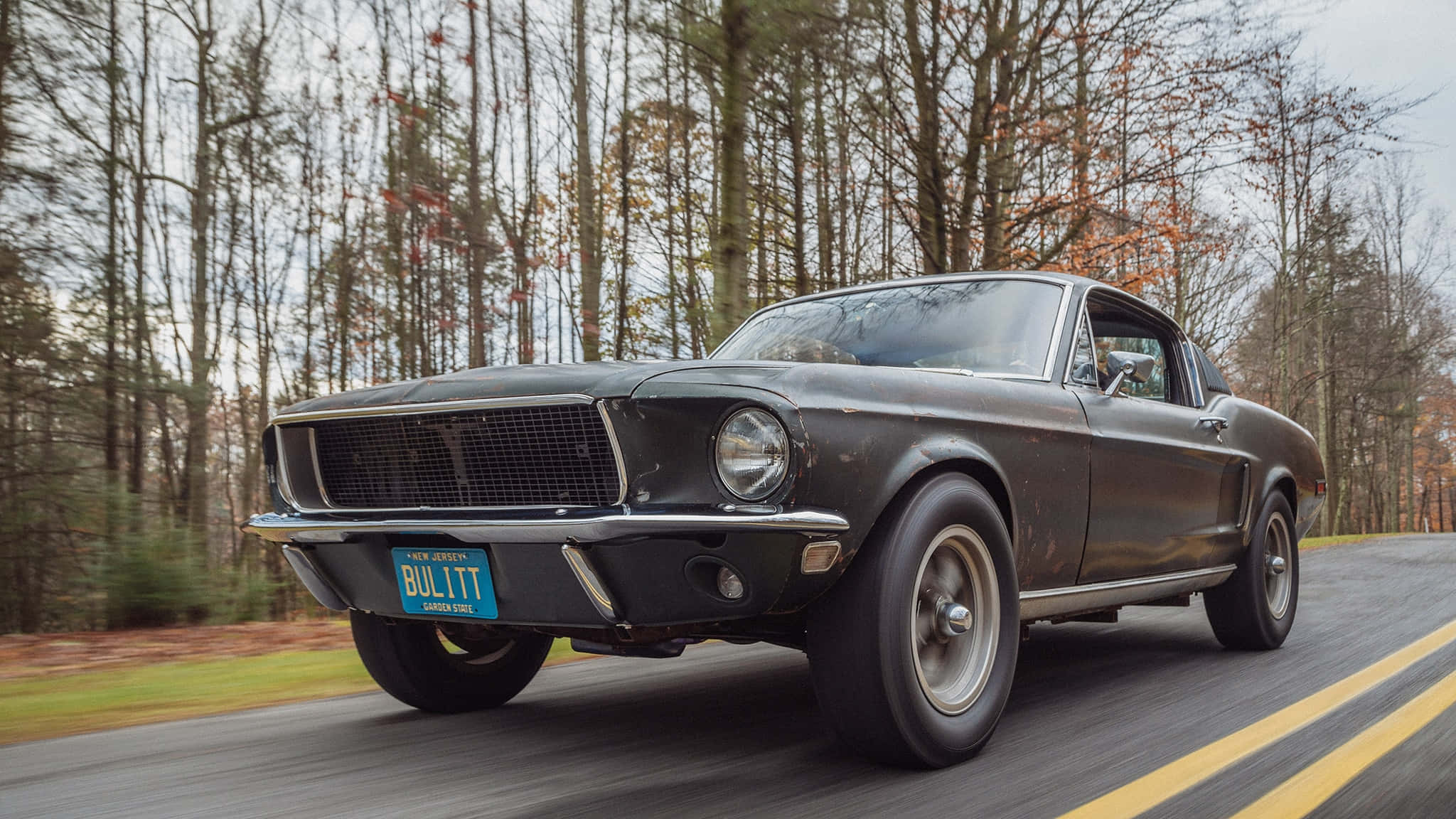 Ford Mustang Bullitt, black, forest road, Full HD Desktop Wallpaper