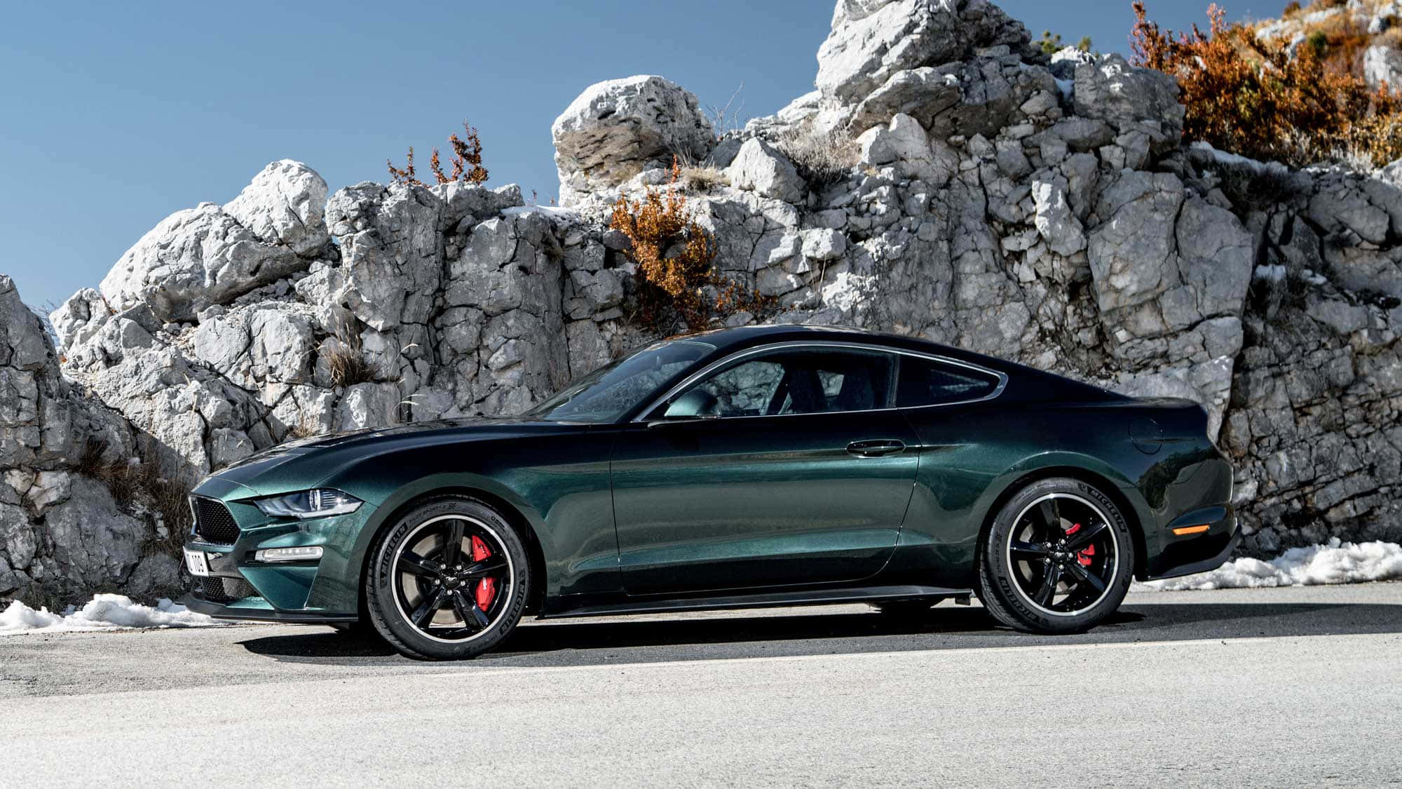 Ford Mustang Bullitt, dark green, mountain road, Full HD Desktop Wallpaper