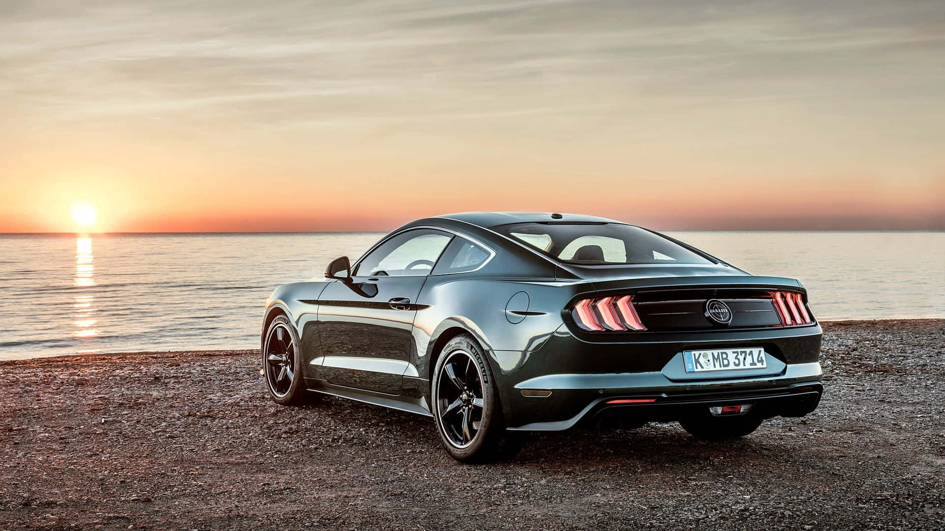 Ford Mustang Bullitt, dark green, pebbled shore, Full HD Desktop Wallpaper