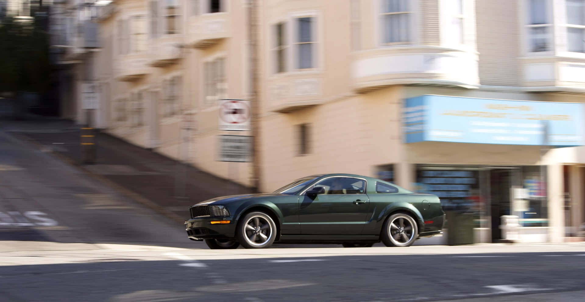 Ford Mustang Bullitt, dark green, sunlit city street, Full HD Desktop Wallpaper