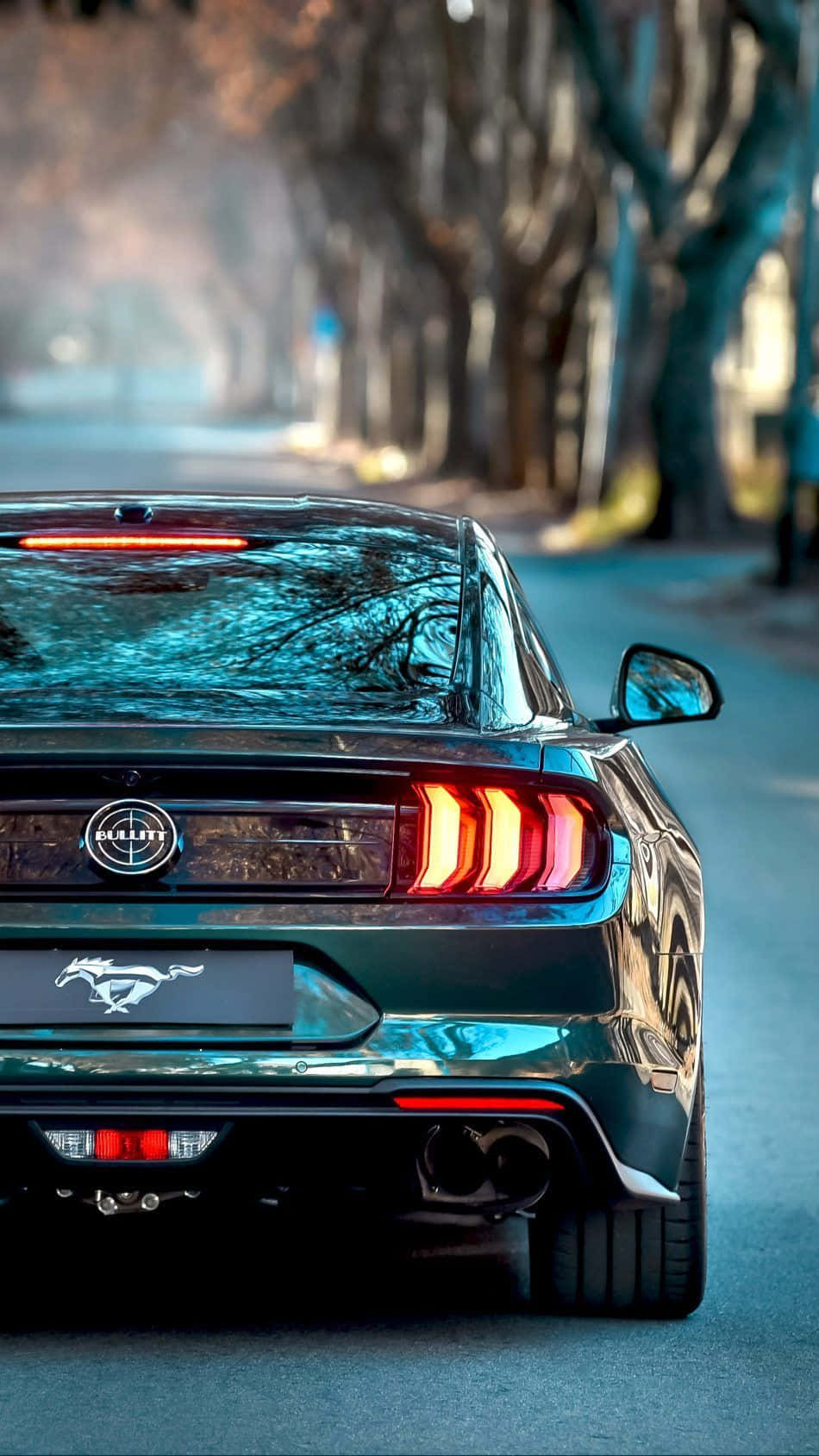 Ford Mustang Bullitt, dark green, glowing red taillights, HD Phone Wallpaper