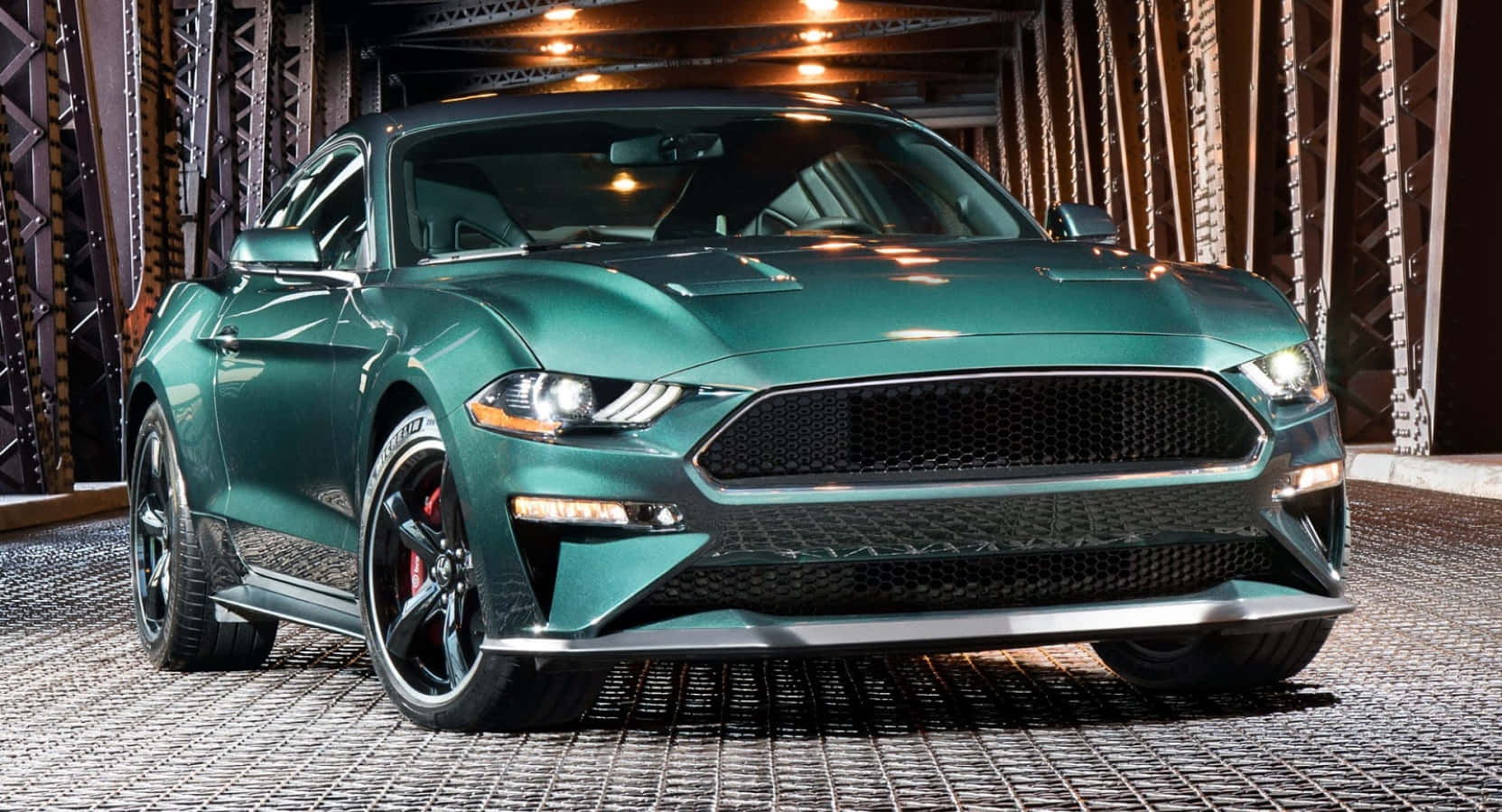 Ford Mustang Bullitt, green, steel bridge, HD Desktop Wallpaper
