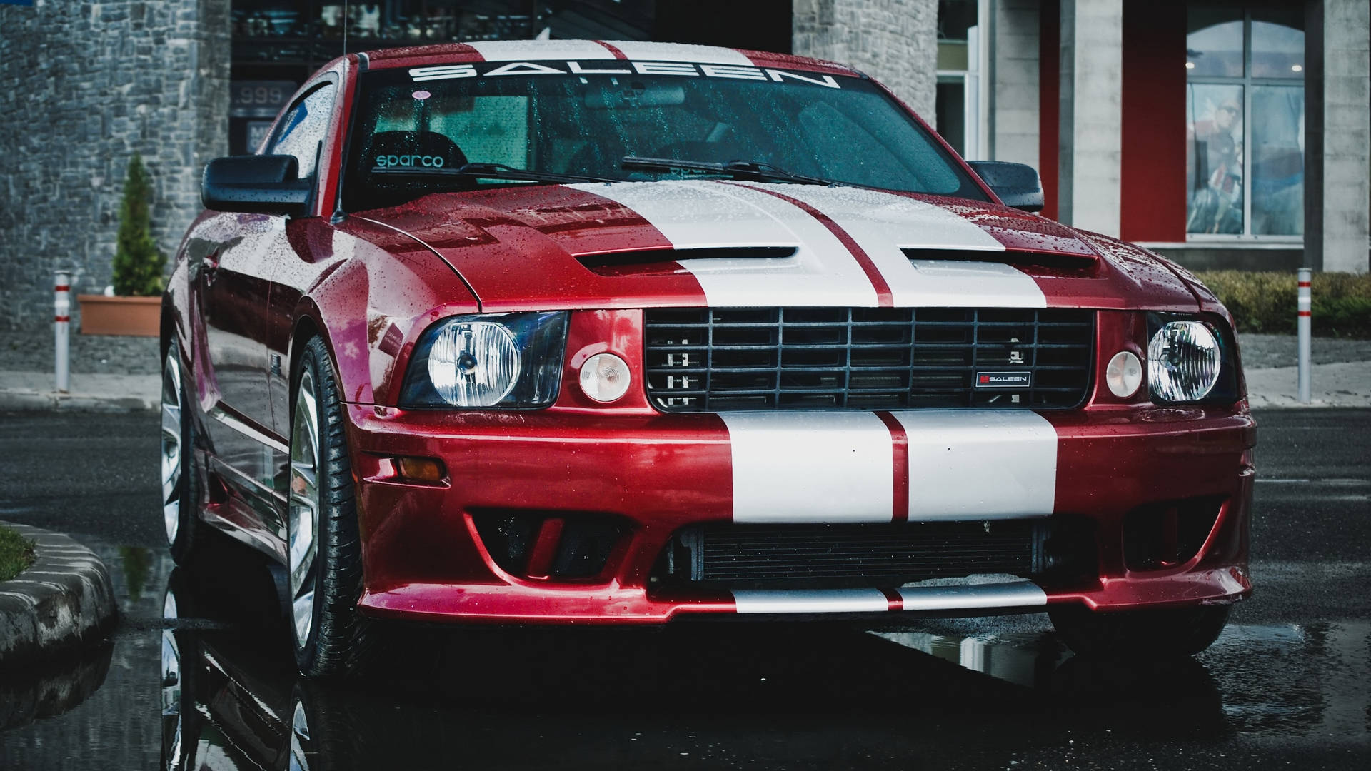 Ford Mustang, white racing stripes, glossy red, Full HD Desktop Wallpaper