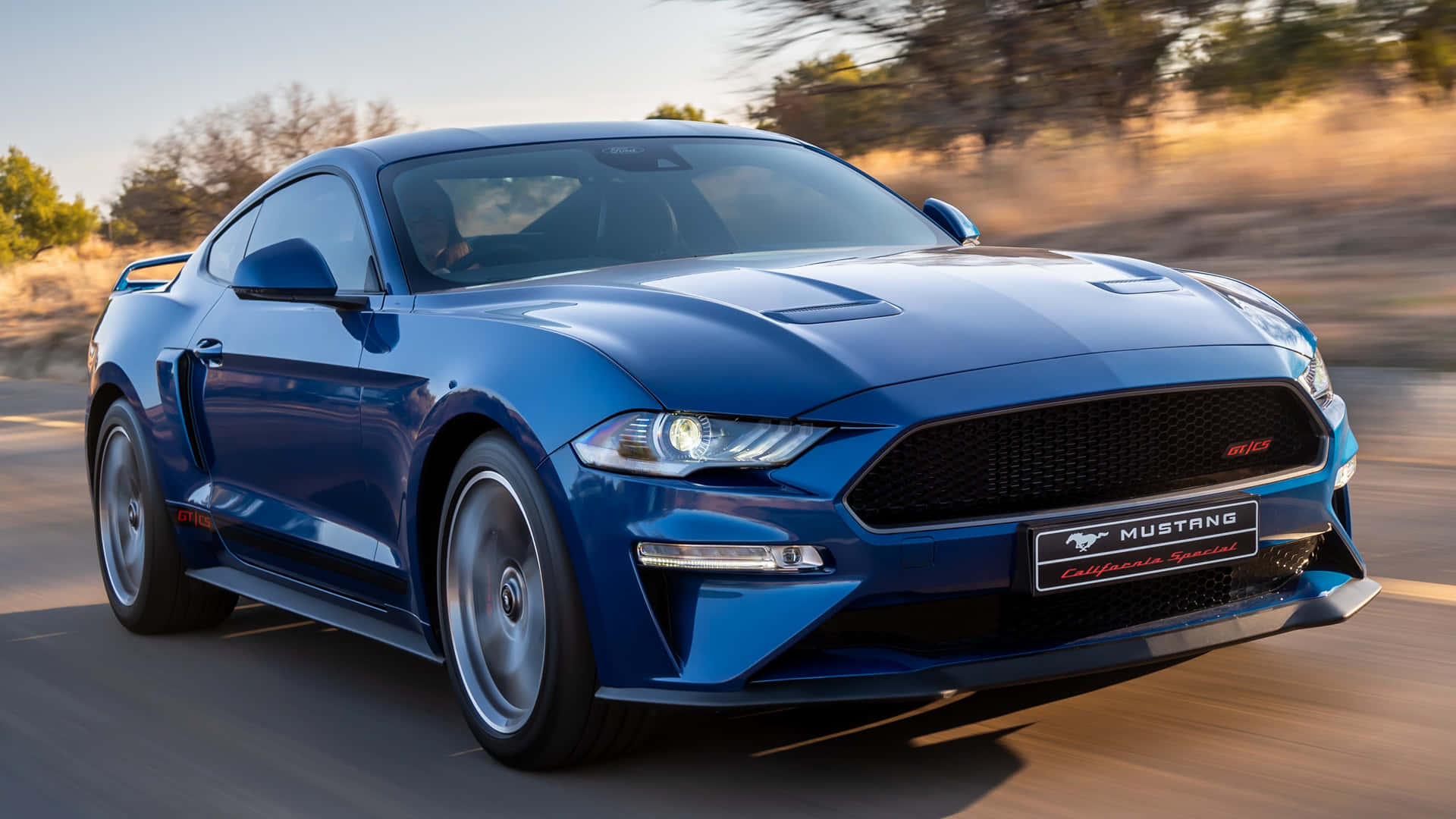 Ford Mustang California Special, vibrant blue, sunlit desert road, Full HD Desktop Wallpaper