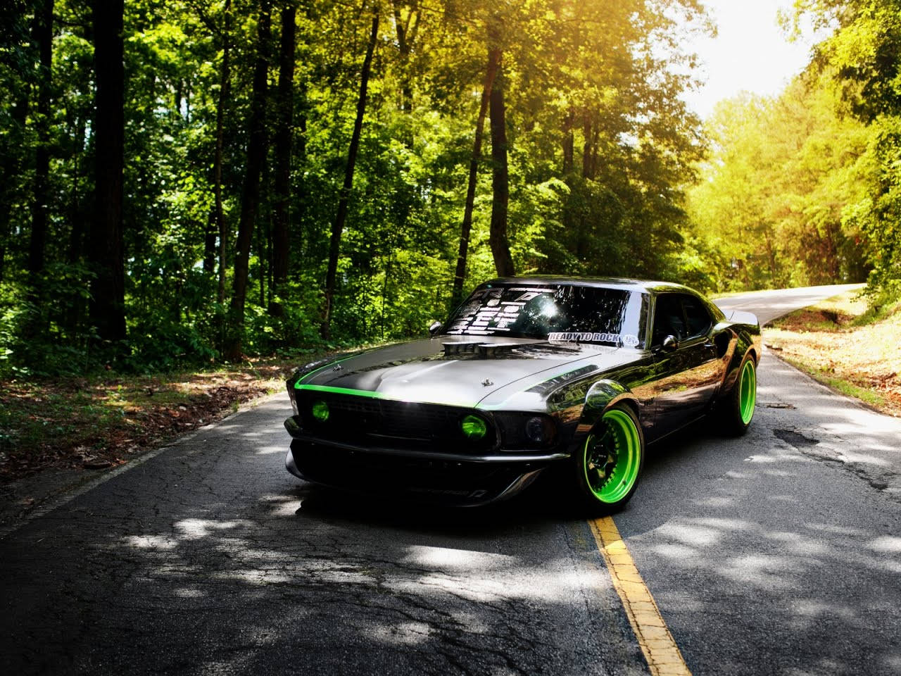 Ford Mustang, sleek black muscle car, neon green accents, HD Desktop Wallpaper