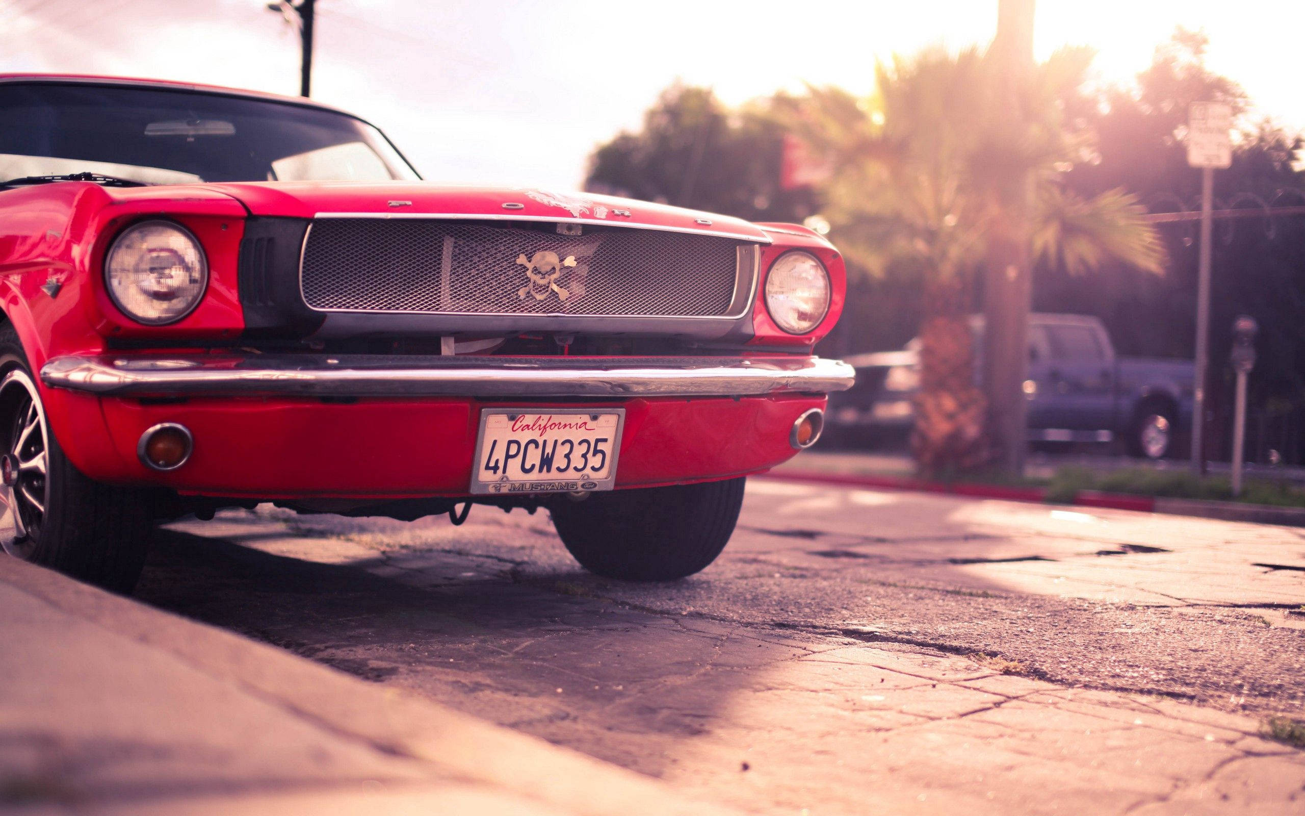 Red Ford Mustang, skull emblem, golden sunset light, 2K Desktop Wallpaper
