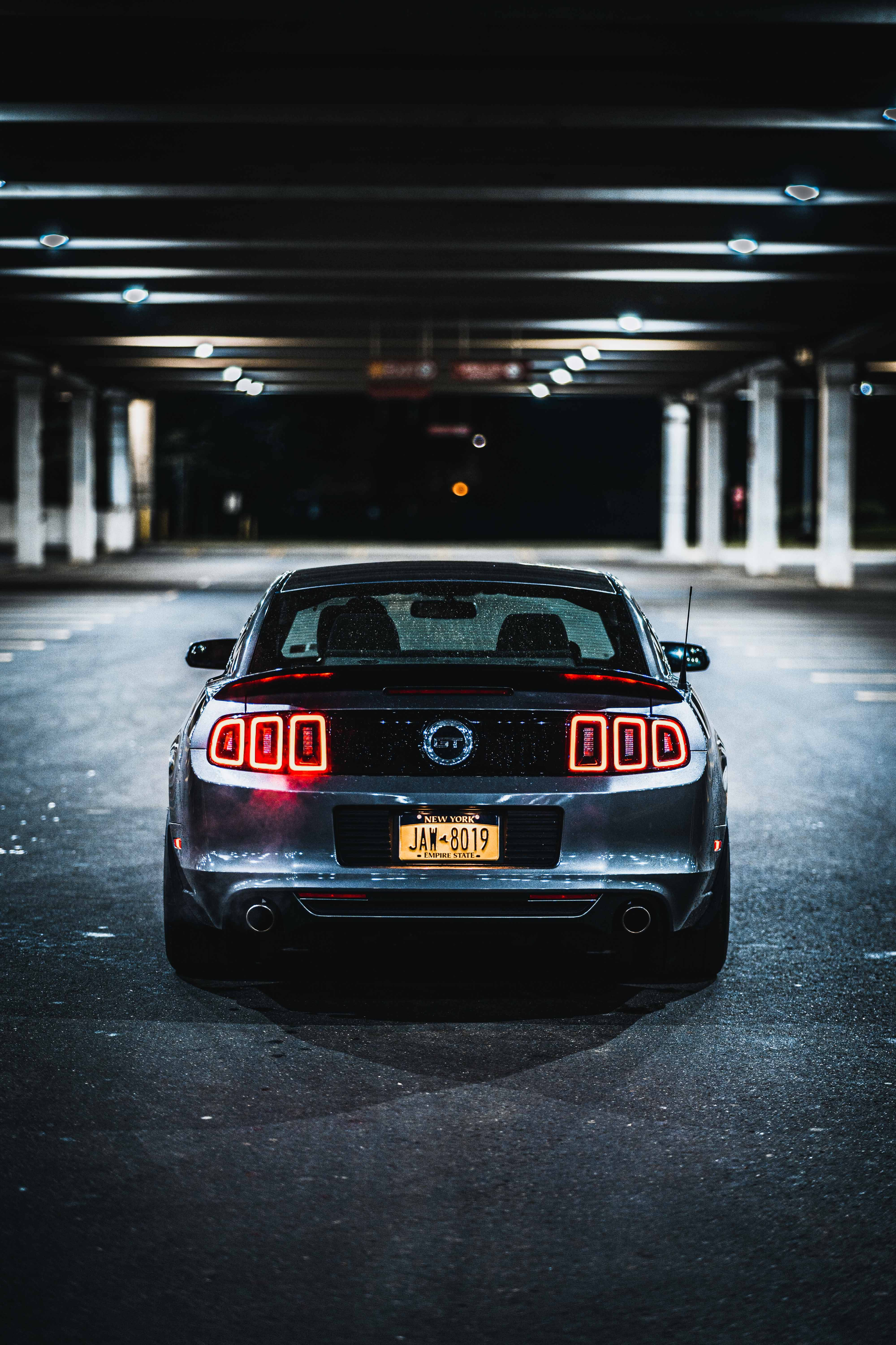 Mustang, silver, glowing red taillights, 5K Phone Wallpaper