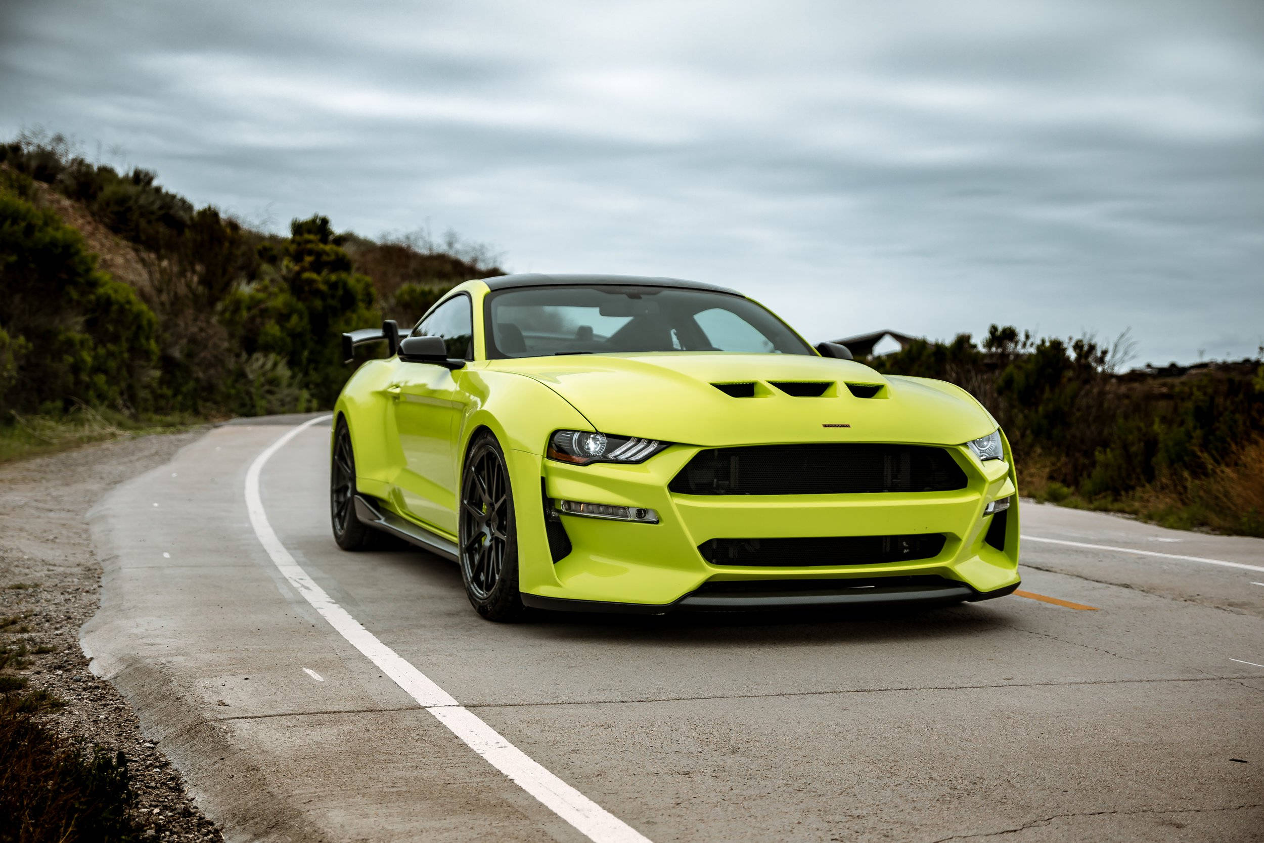 Ford Mustang, lime green, coastal road, Full HD Desktop Wallpaper