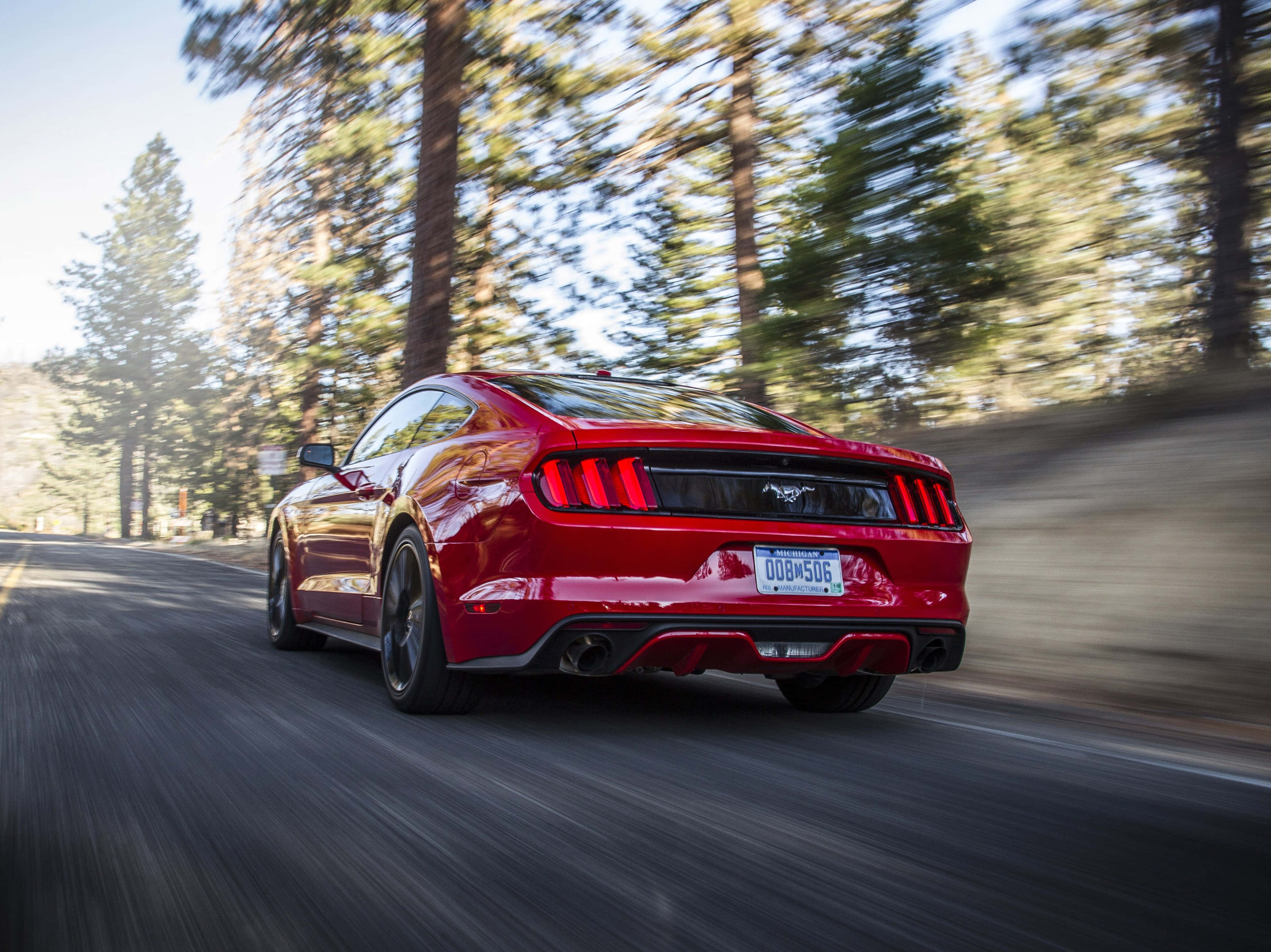 Ford Mustang Ecoboost, vibrant red, forested mountain road, 4K Desktop Wallpaper