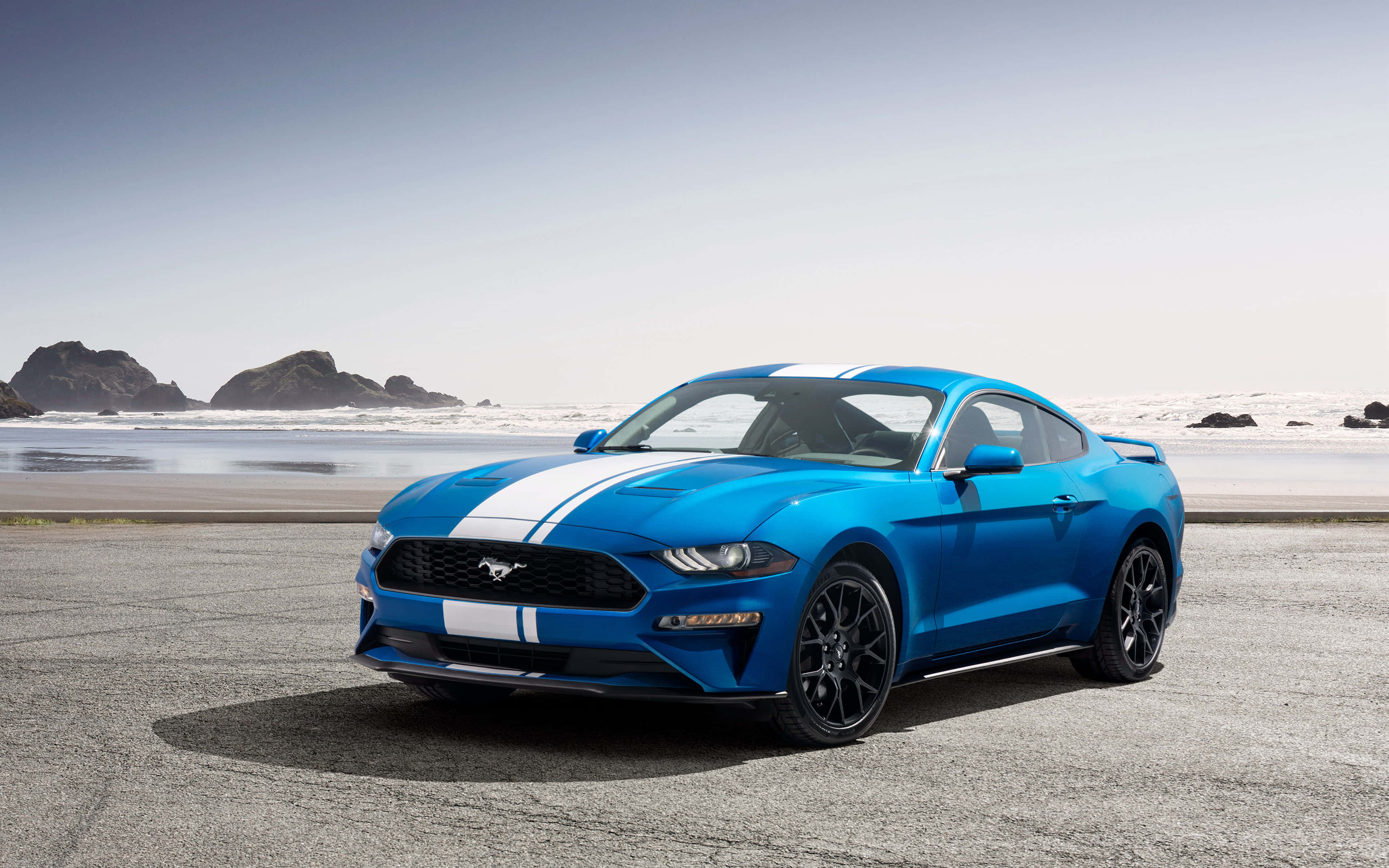 Ford Mustang Ecoboost, vibrant blue, white racing stripes, 4K Desktop Wallpaper
