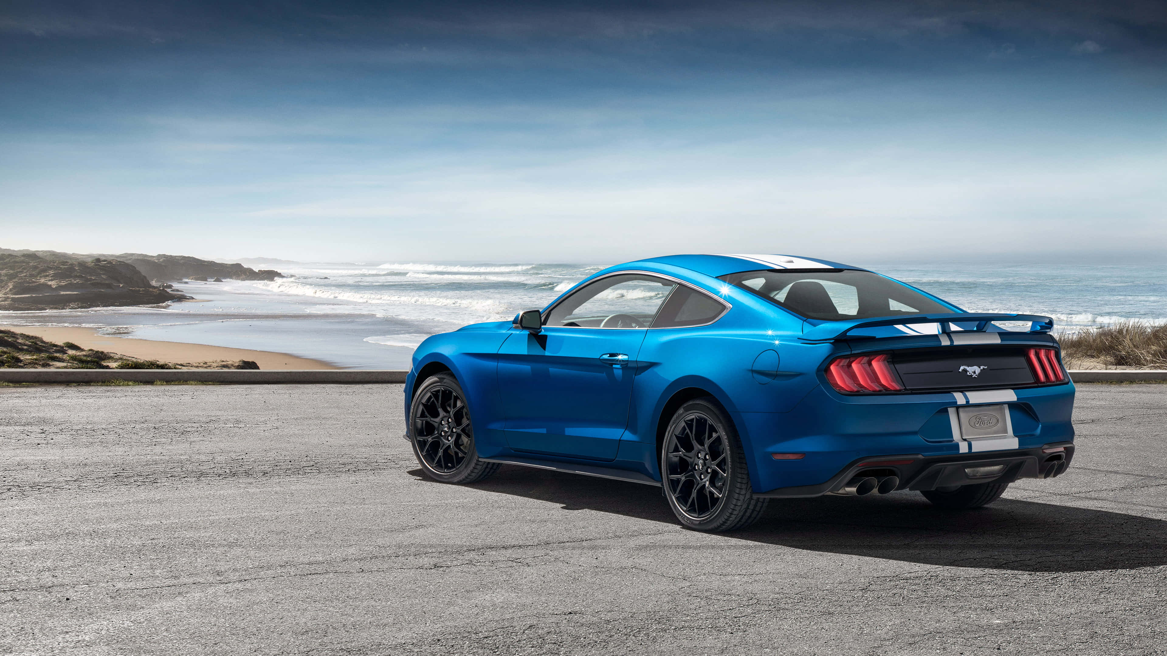 Ford Mustang Ecoboost, vibrant blue, coastal road, 4K Desktop Wallpaper