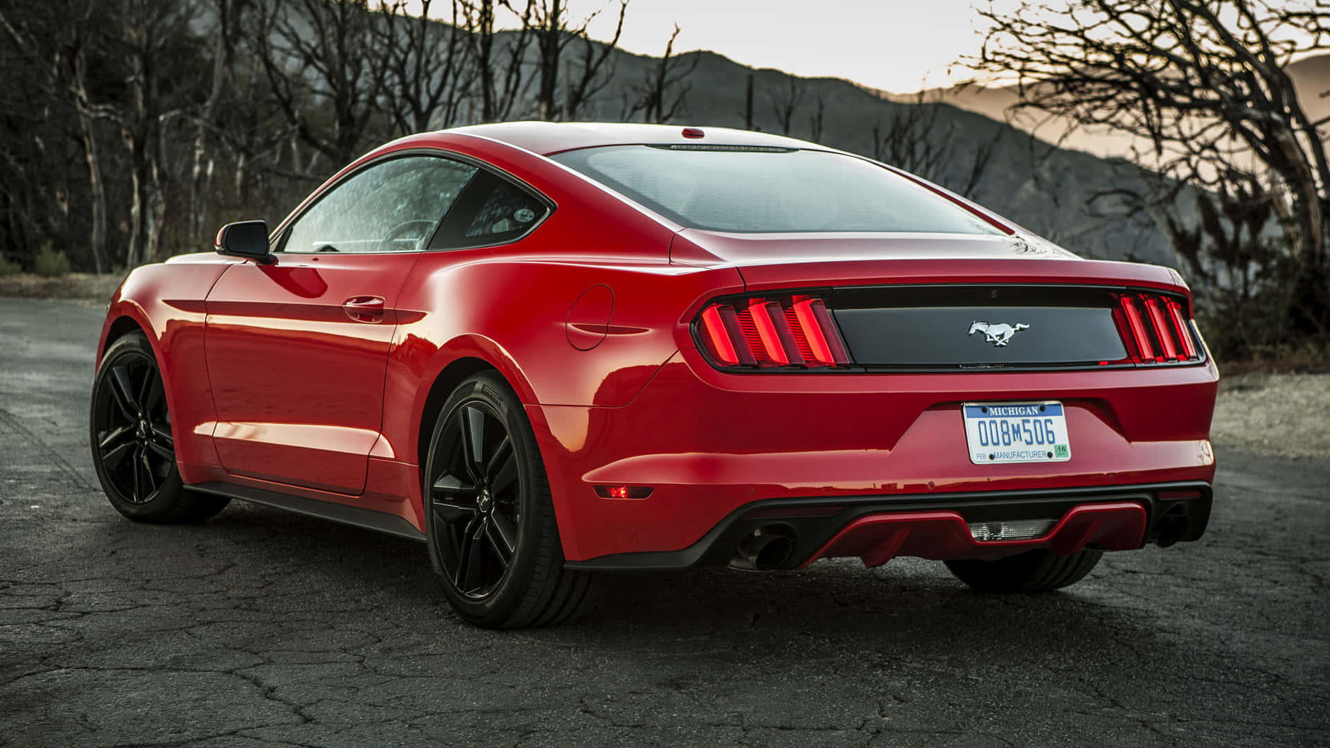 Ford Mustang Ecoboost, glossy red, cracked asphalt road, Full HD Desktop Wallpaper