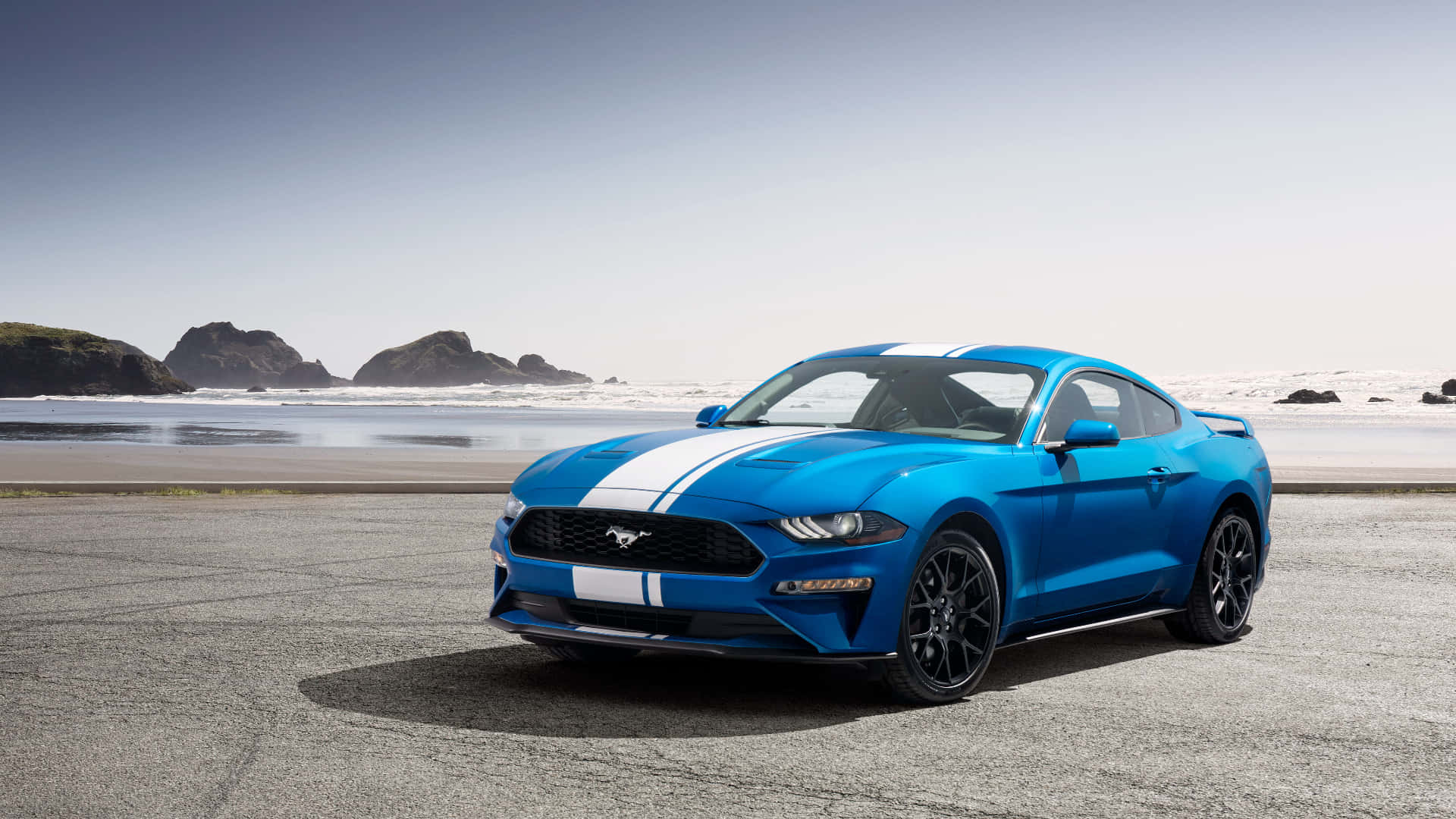 Ford Mustang Ecoboost, vibrant blue, white racing stripes, Full HD Desktop Wallpaper