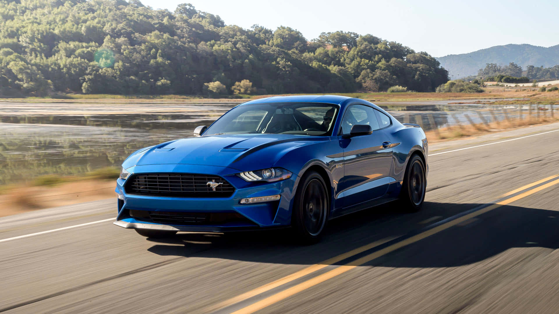Ford Mustang Ecoboost, vibrant blue, sunlit highway, Full HD Desktop Wallpaper