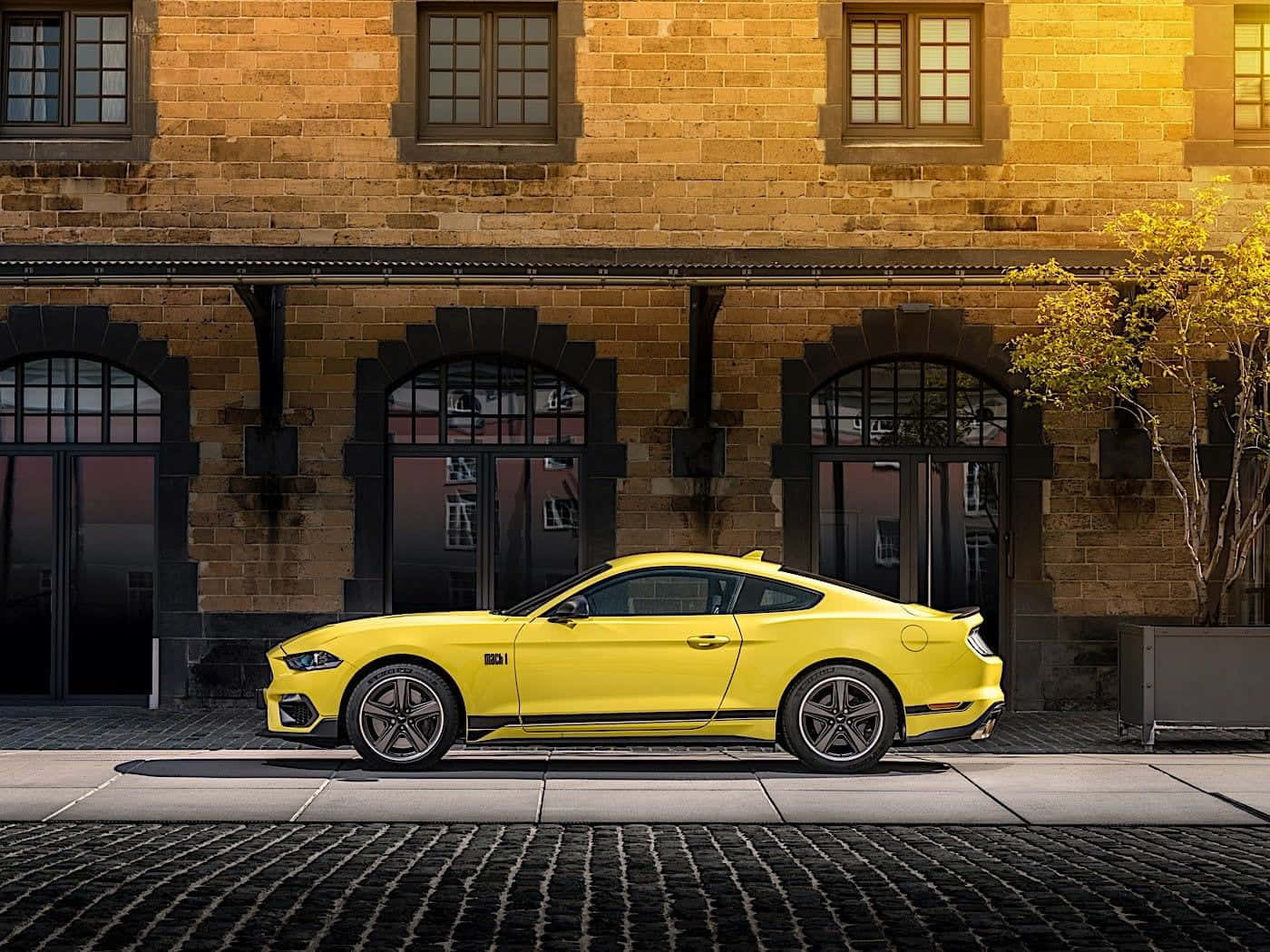 Ford Mustang Ecoboost, vibrant yellow, cobblestone street, HD Desktop Wallpaper