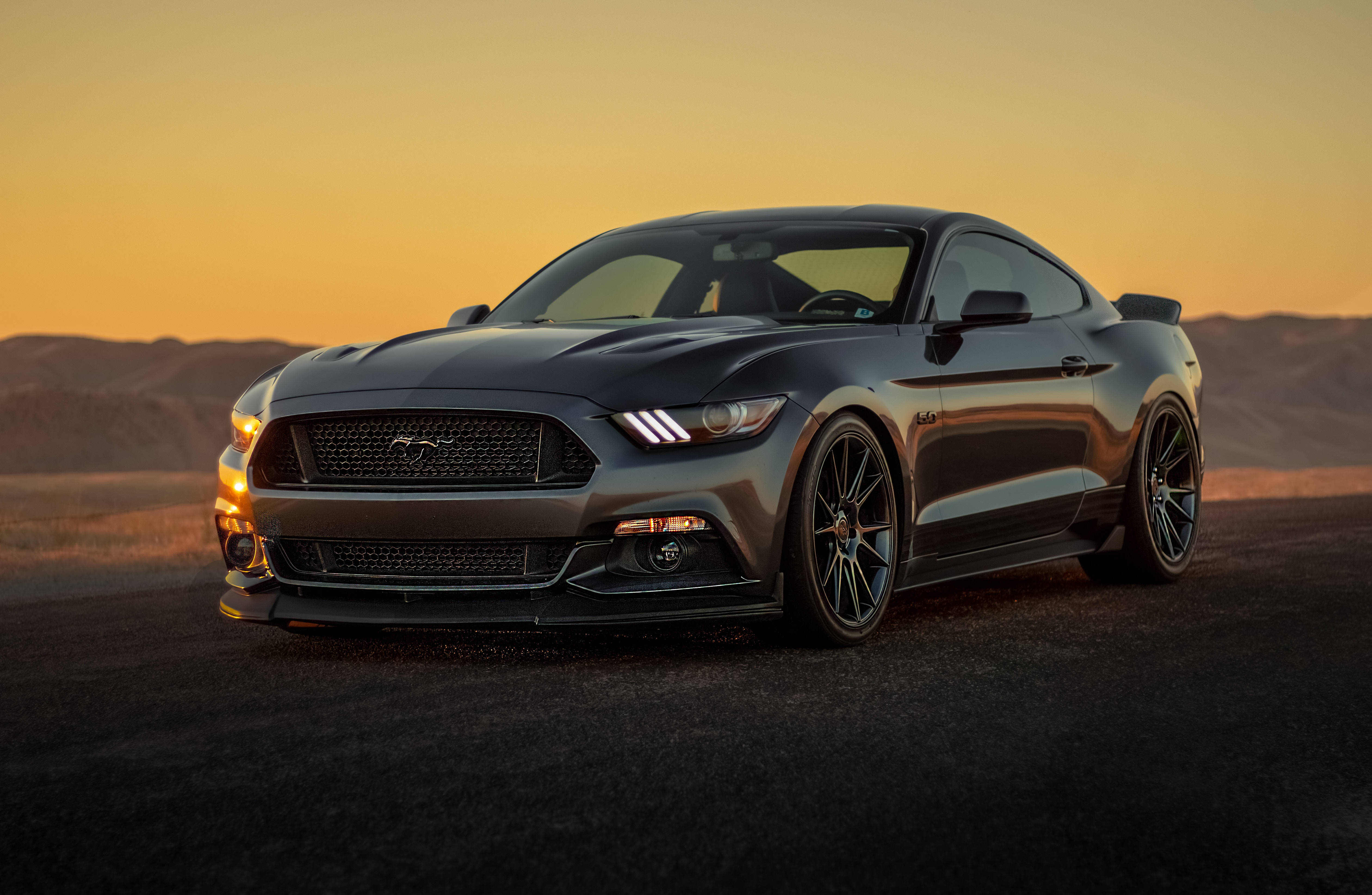 Sunset Black, Ford Mustang GT, desert road, 4K Desktop Wallpaper