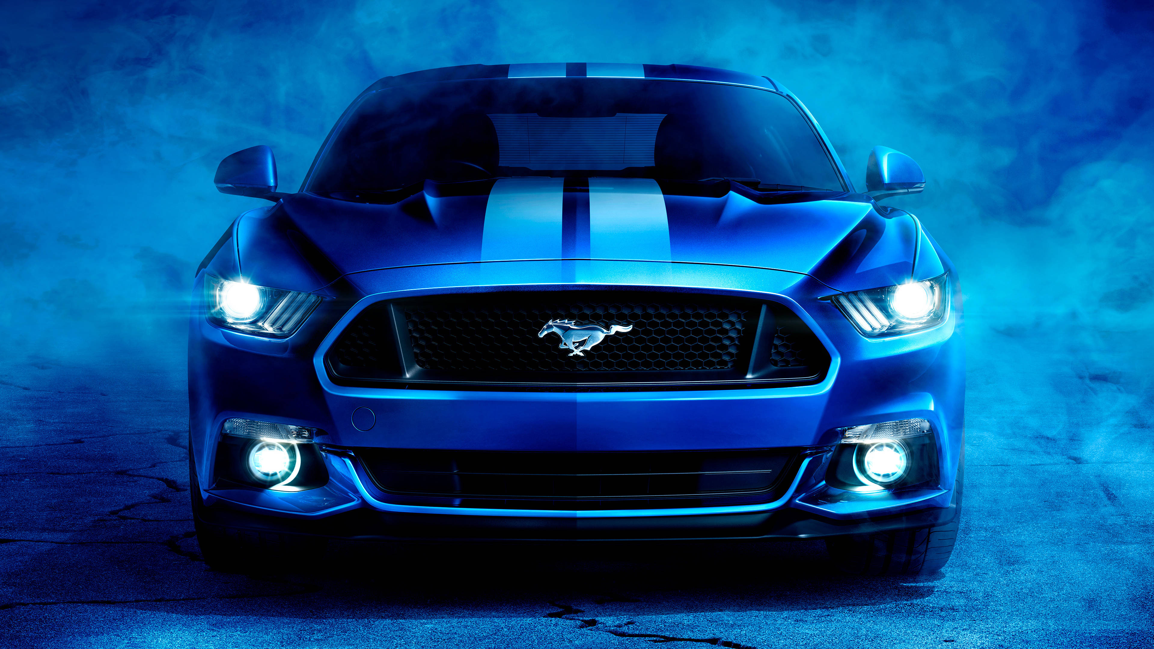 Ford Mustang, blue Ford Mustang, white racing stripes, 4K Desktop Wallpaper
