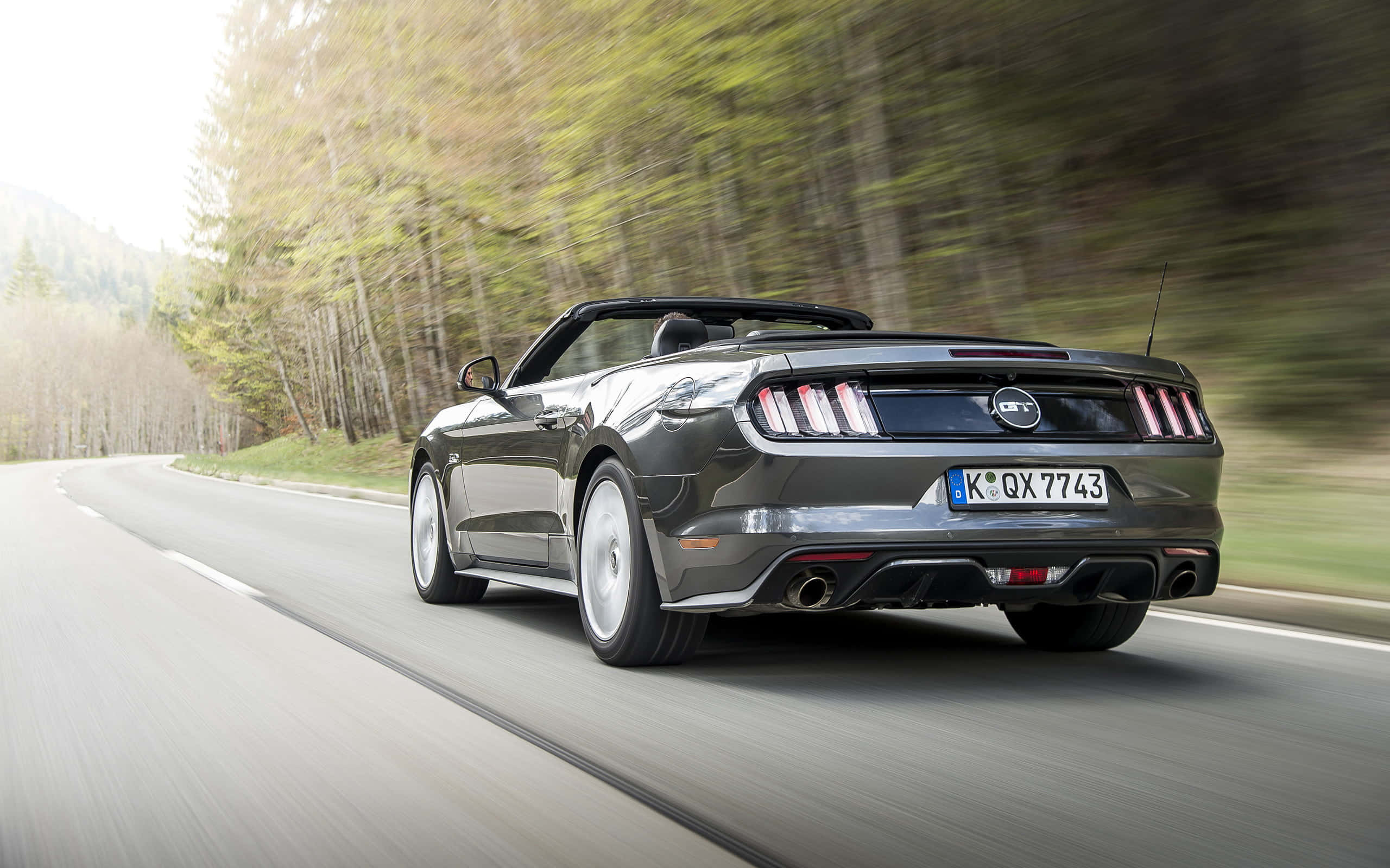 Ford Mustang GT Convertible, gray, winding forest road, 2K Desktop Wallpaper