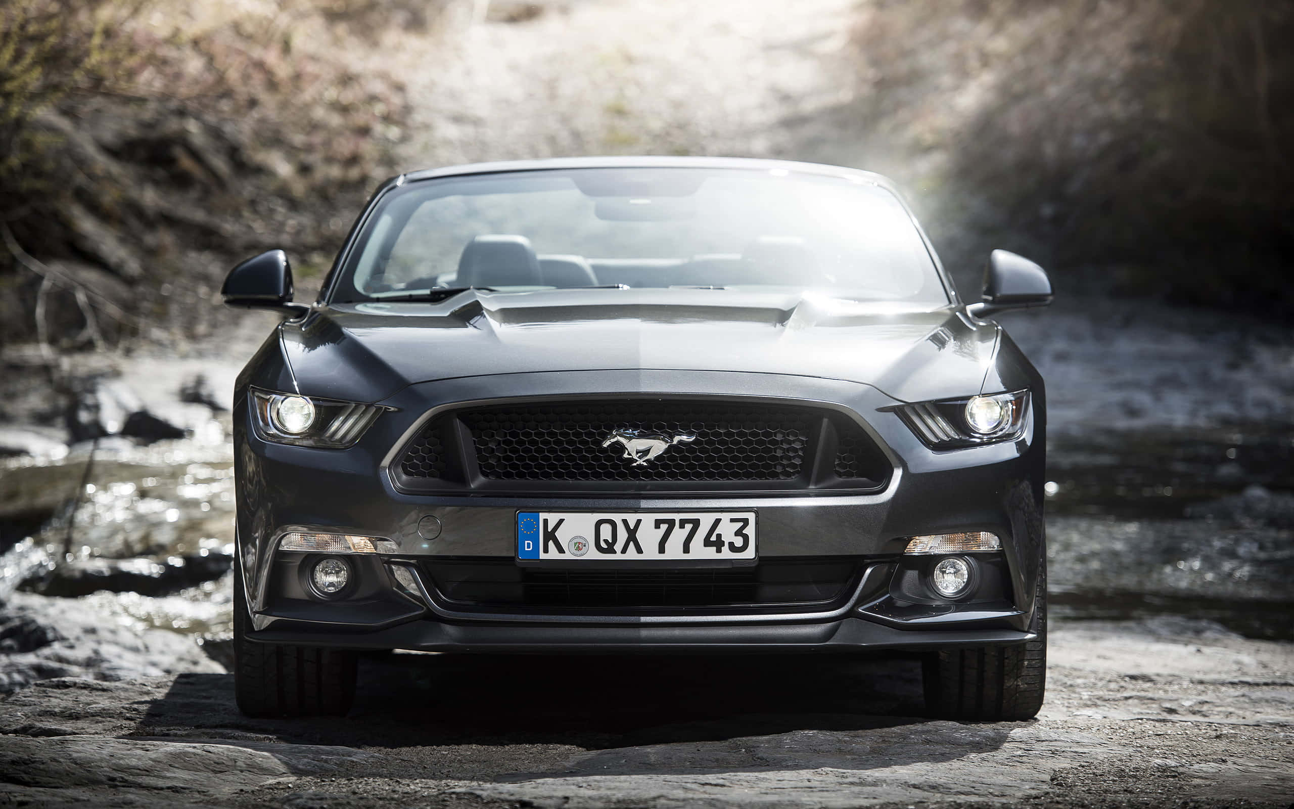 Ford Mustang GT Convertible, sunset, rocky riverbank, 2K Desktop Wallpaper