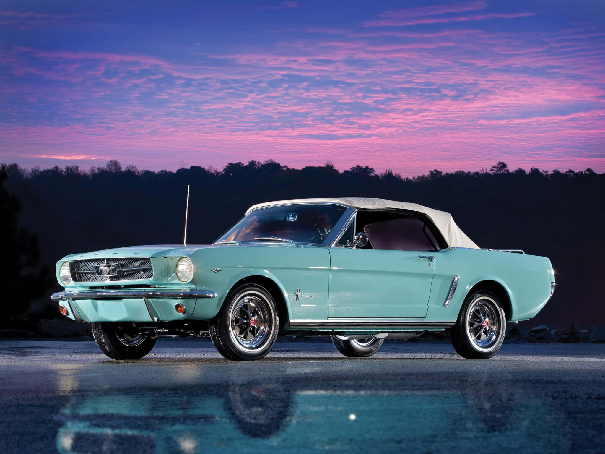 Ford Mustang GT Convertible, turquoise, vibrant pink and purple twilight sky, Full HD Desktop Wallpaper
