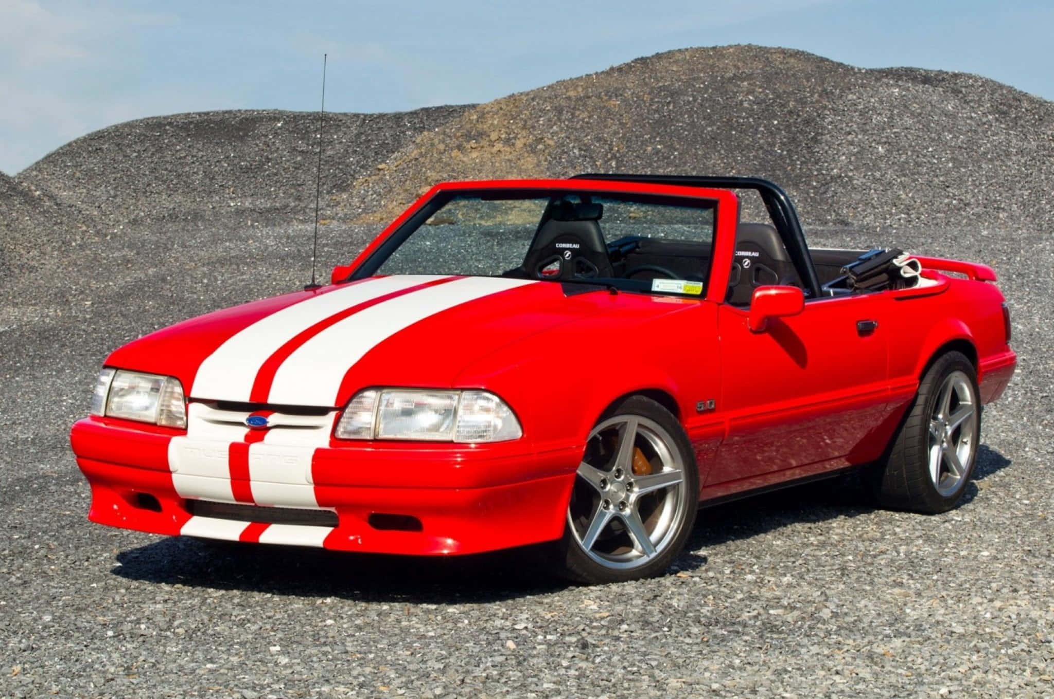 Ford Mustang GT Convertible, vibrant red, bold white racing stripes, Full HD Desktop Wallpaper