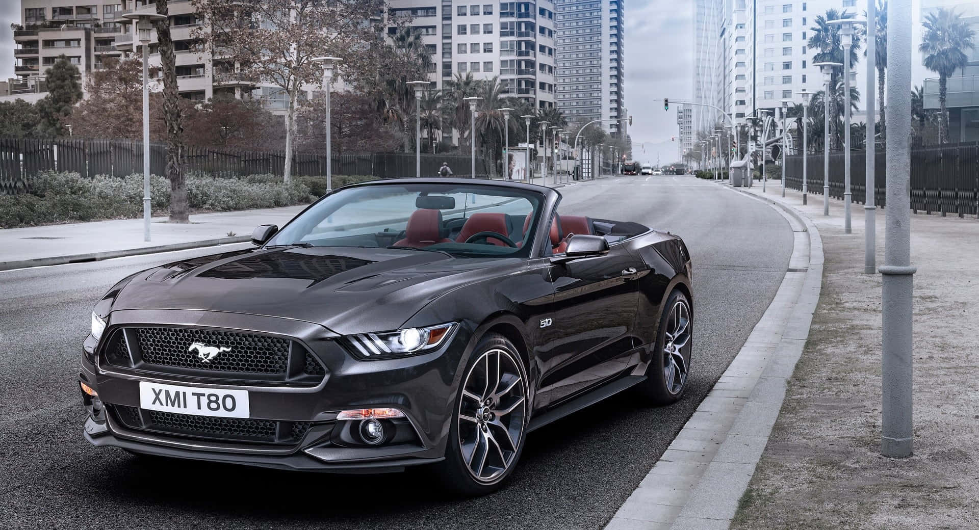 Ford Mustang GT Convertible, black, city street, Full HD Desktop Wallpaper